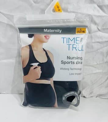 Time and Tru Maternity Nursing Sports Bra Black Size L 12-14 Seamless Low Impact - Image 1