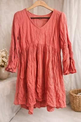 True Craft Women’s Medium Coral Boho Babydoll Tunic Dress Flowy Long Sleeve Top - Image 1
