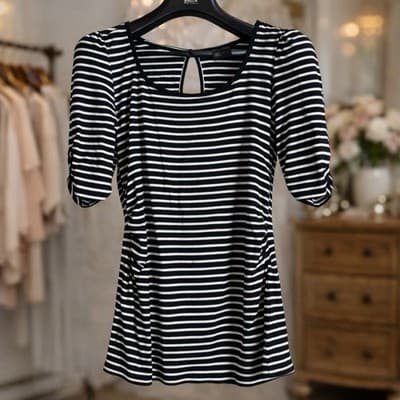 White House, Black Market Striped Top Woman’s Black White Stretch Blouse Sz S - Image 1