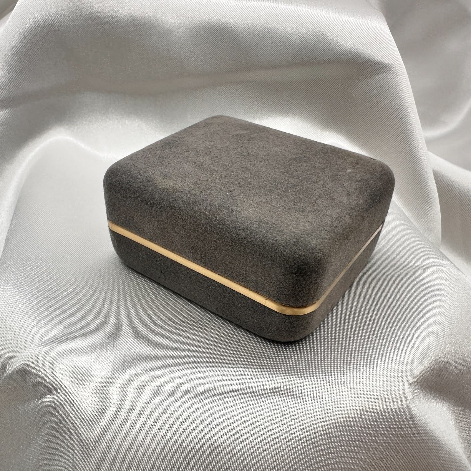 Vintage 90s Gray Velvet Box Gold Trim Hinged Presentation Display Case Jewelry - Image 1