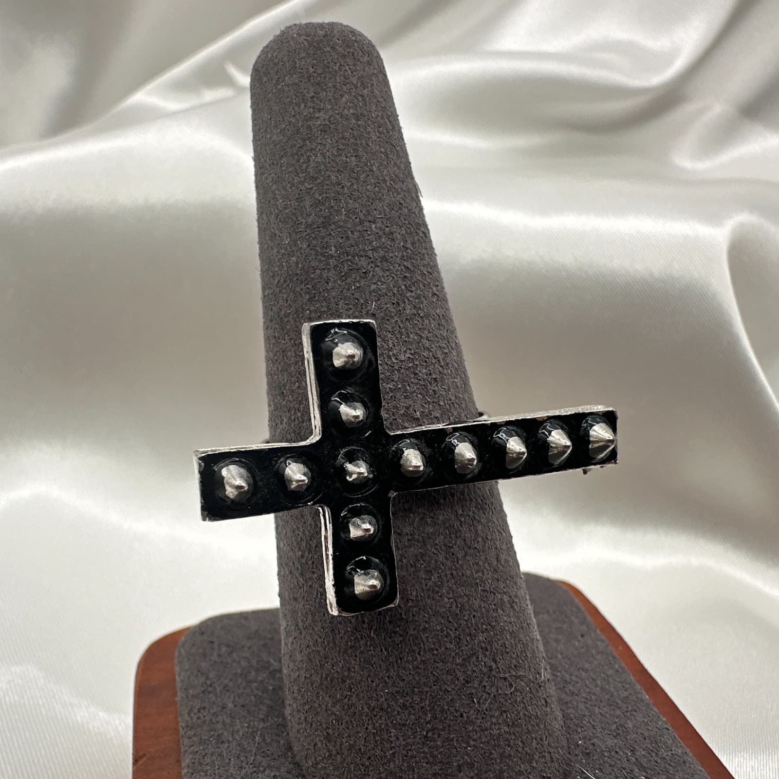 Vintage Y2K Silver Tone Studded Cross Ring Women's Classic Fashion Jewelry - Image 1