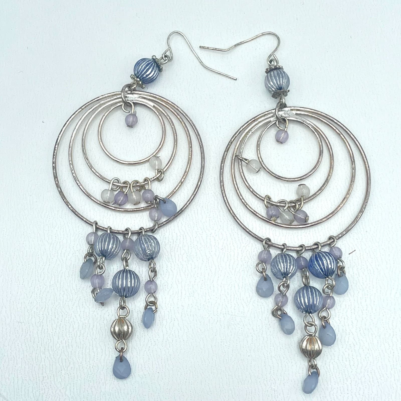 Vintage 90s Silver Tone Beaded Hoop Dangle Earrings Women's Classic Jewelry - Image 1