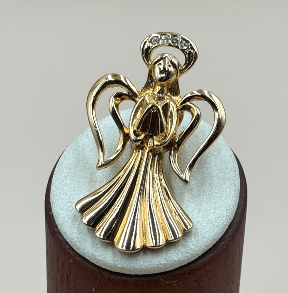 Vintage Praying Guardian Angel Singing Gold Tone Lapel Pin With Diamond - Image 1