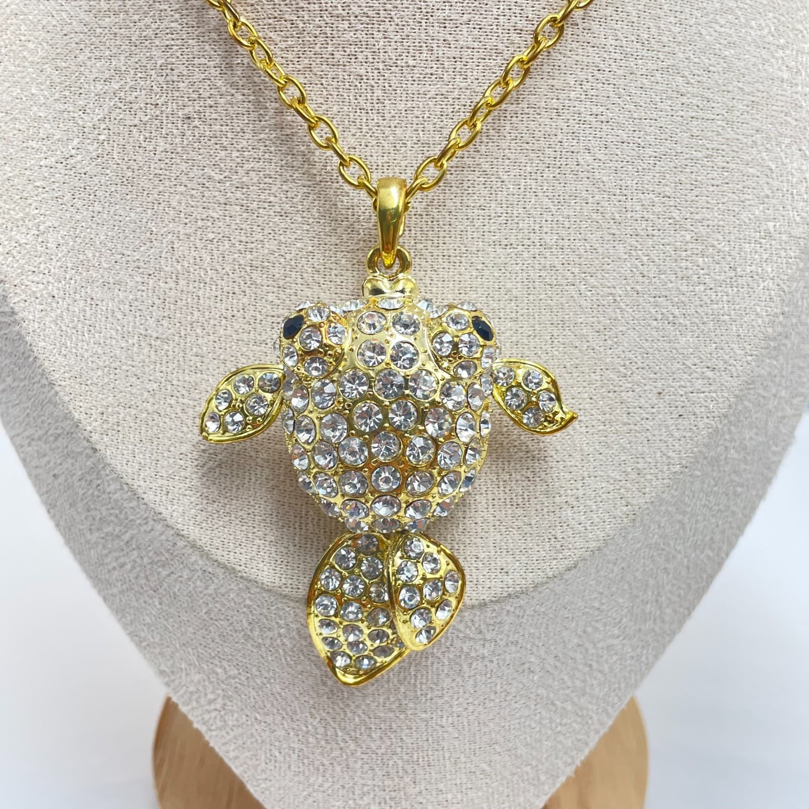 Vintage 90s Gold Tone Fish Pendant Necklace Clear Glass Classic Fashion Jewelry - Image 1