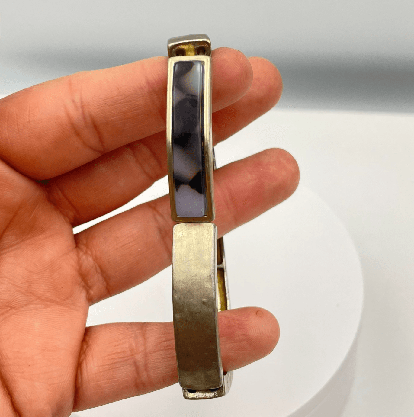 Vintage 90s GoldTone Stretch Bracelet Grey Black Marble Glass Chunky Cuff Bangle - Image 1