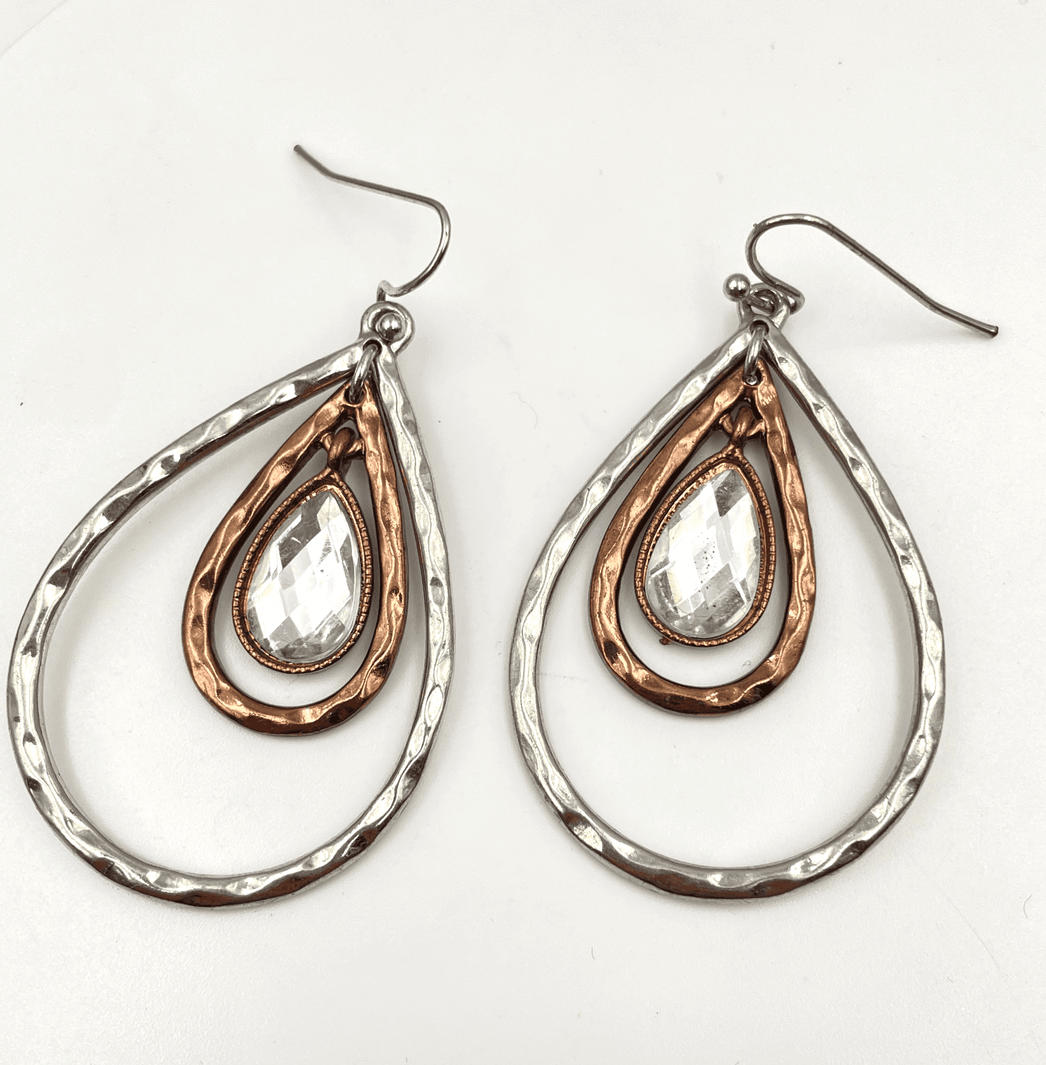 Vintage 90s Clear Rhinestone Teardrop Dangle Earrings Silver/Copper Tone Jewelry - Image 1