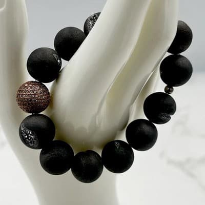 Vintage Matte Black Onyx & Druzy Stretch Bracelet w/ Pave Accent - Image 1