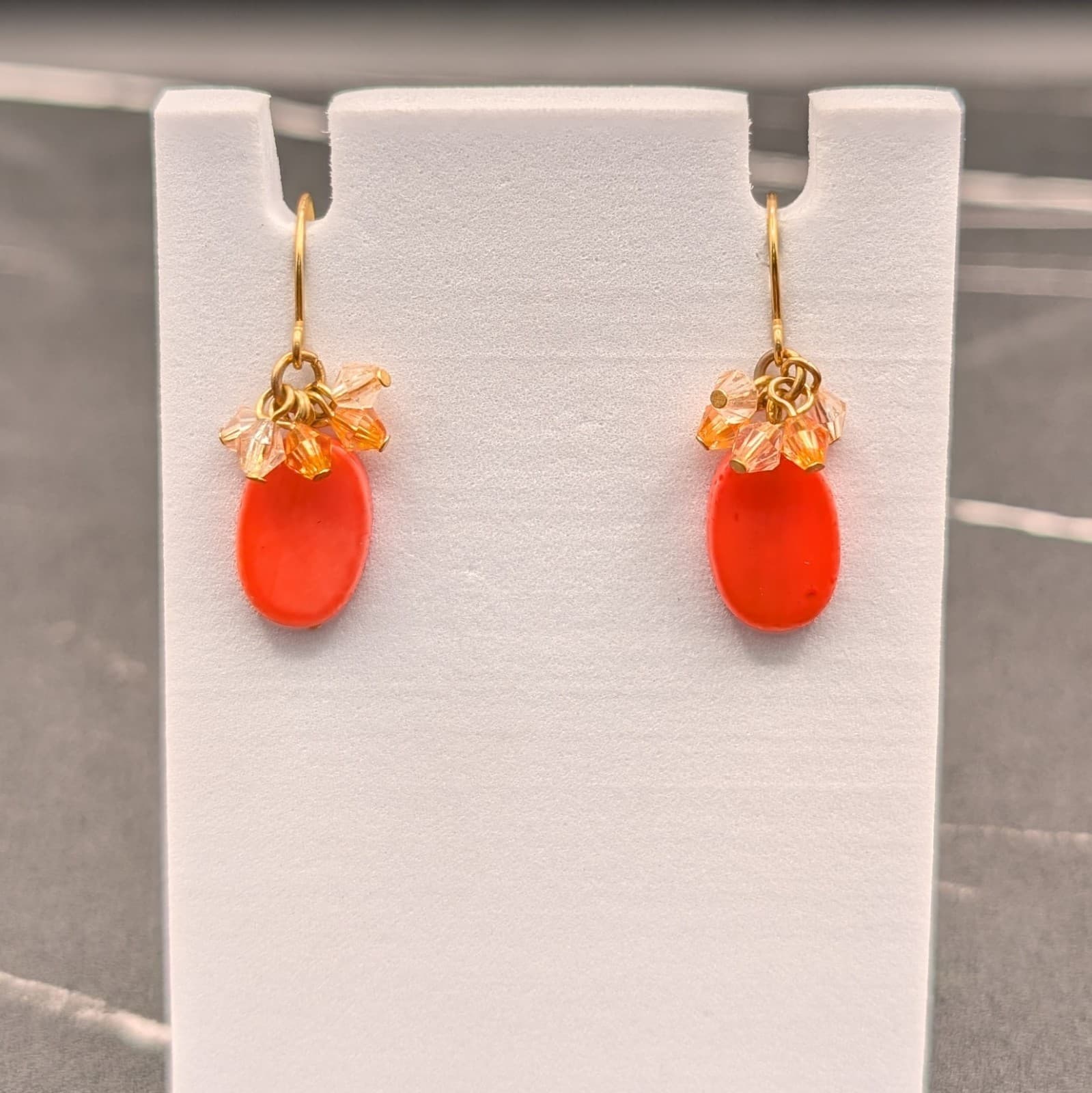 Vintage Orange Bead Dangle Earrings w/ Gold Tone Crystal Cluster Fall Boho - Image 1