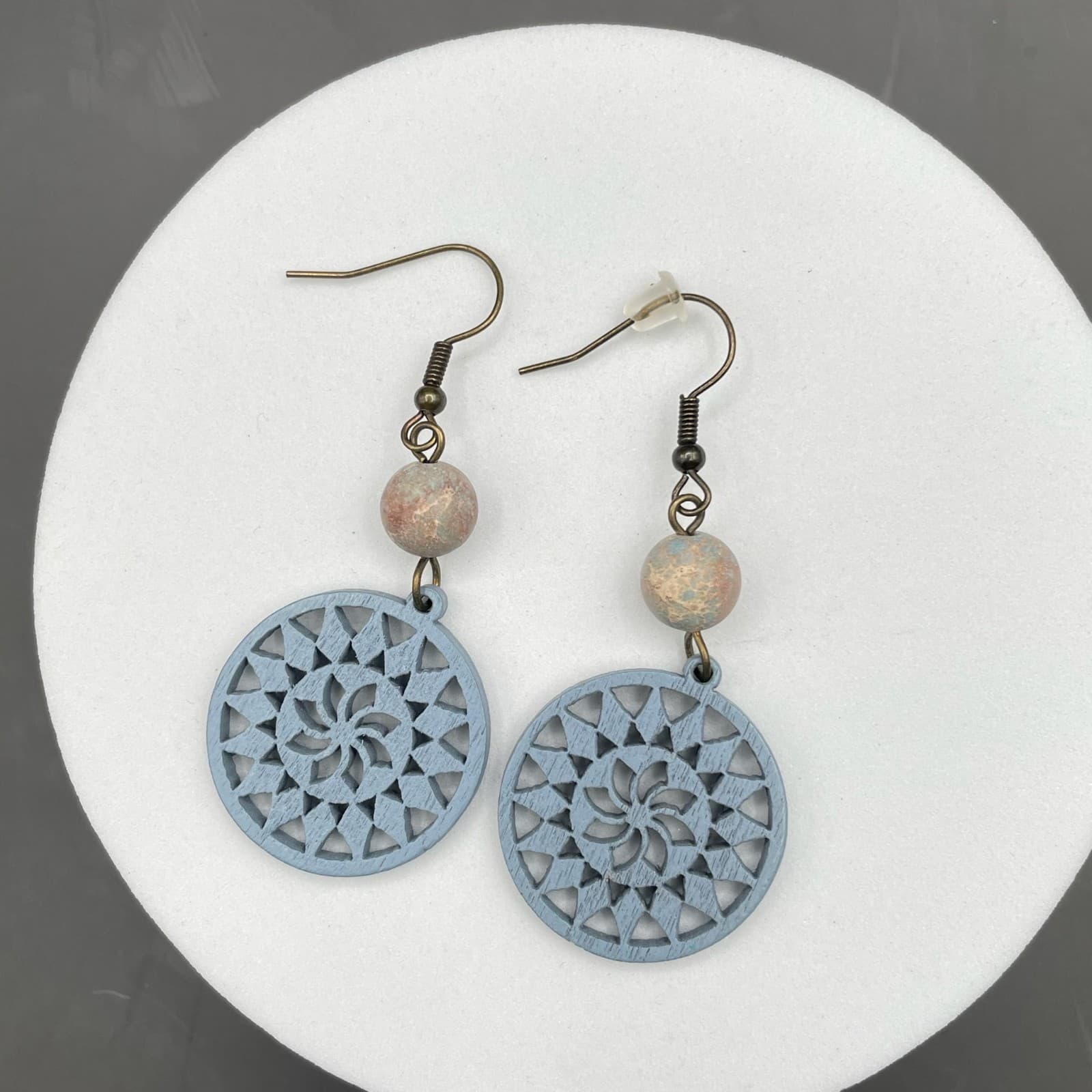 Vintage Blue Wooden Circle Clay Gold-Tone Floral Mandala Dangle Earrings - Image 1