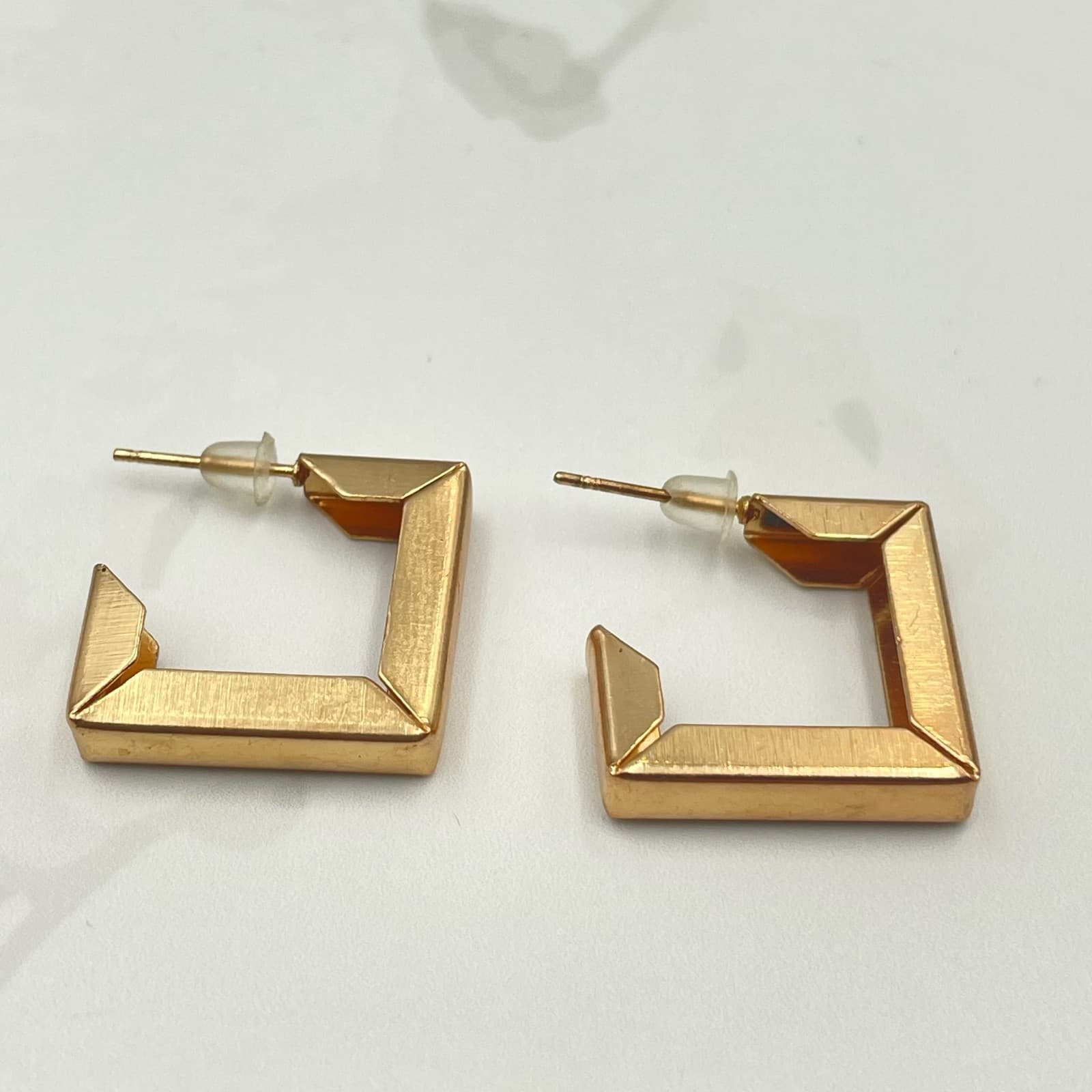 Vintage VTG Gold Tone Square Open Hoop Earrings Geometric Modernist Stud Dangle - Image 1
