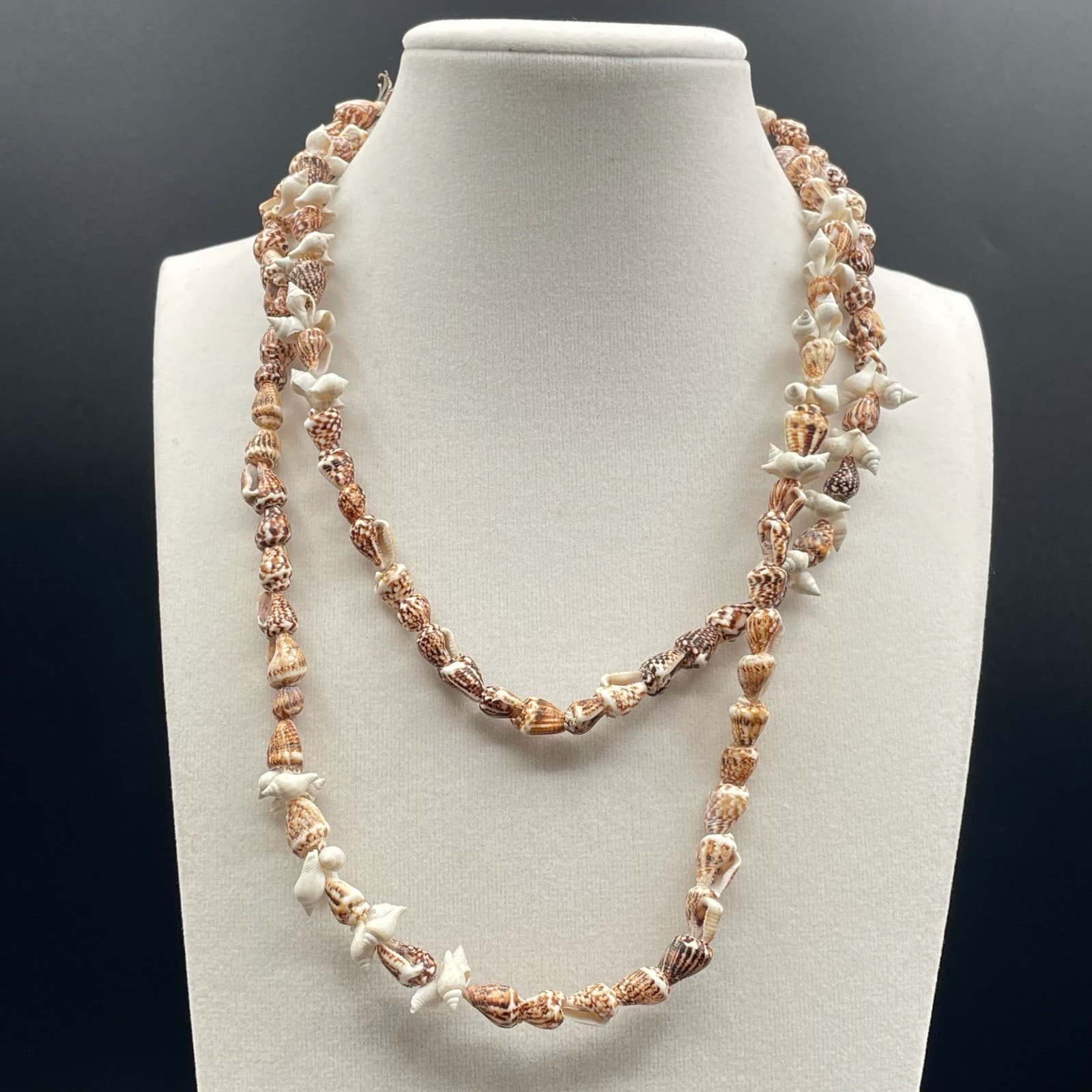 Vintage Beige Cord Classic Seashell Shell Double Stranded Beaded Curled Necklace - Image 1