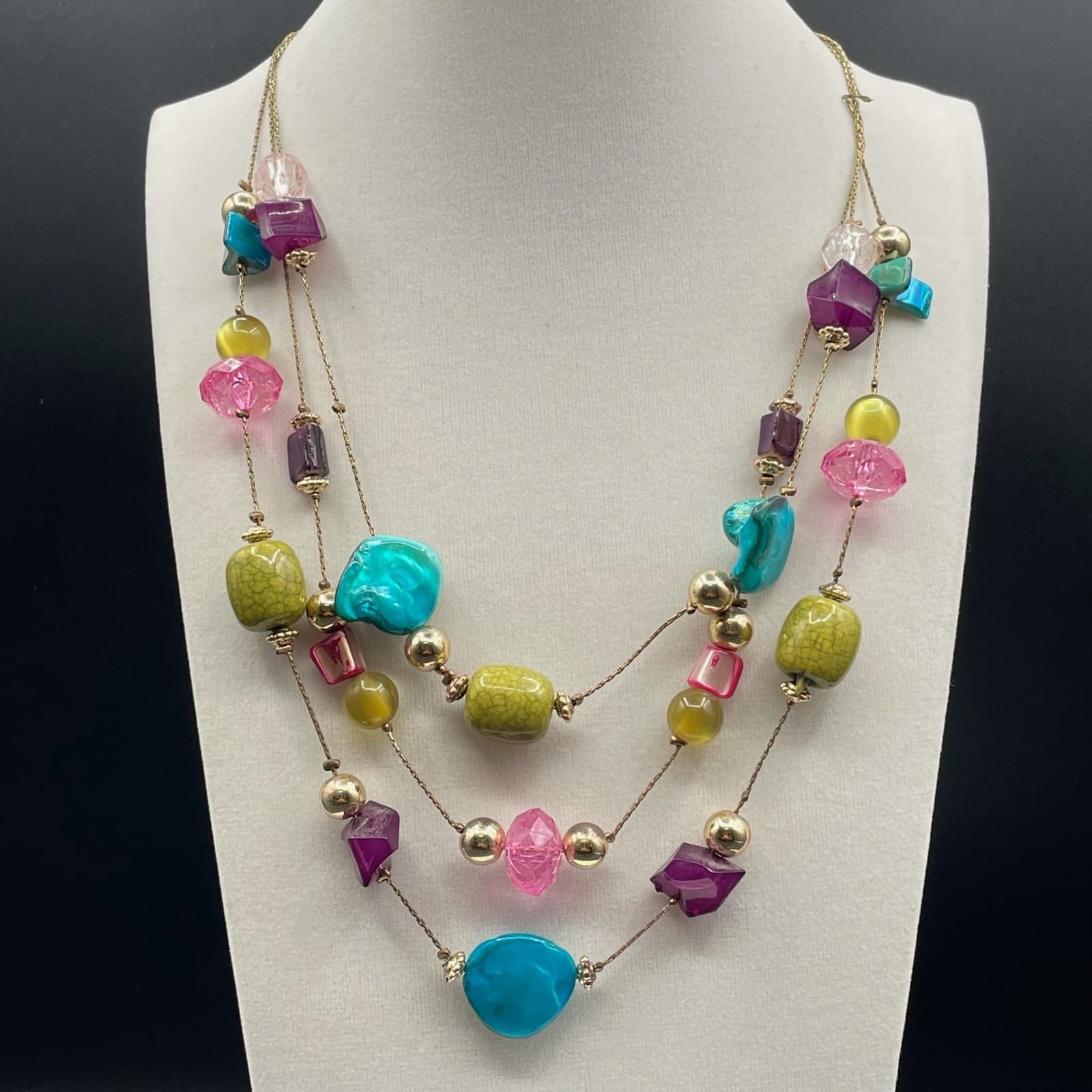 Vintage Multi-Strand Beaded Necklace Statement Multicolor Acrylic Glass Beads - Image 1