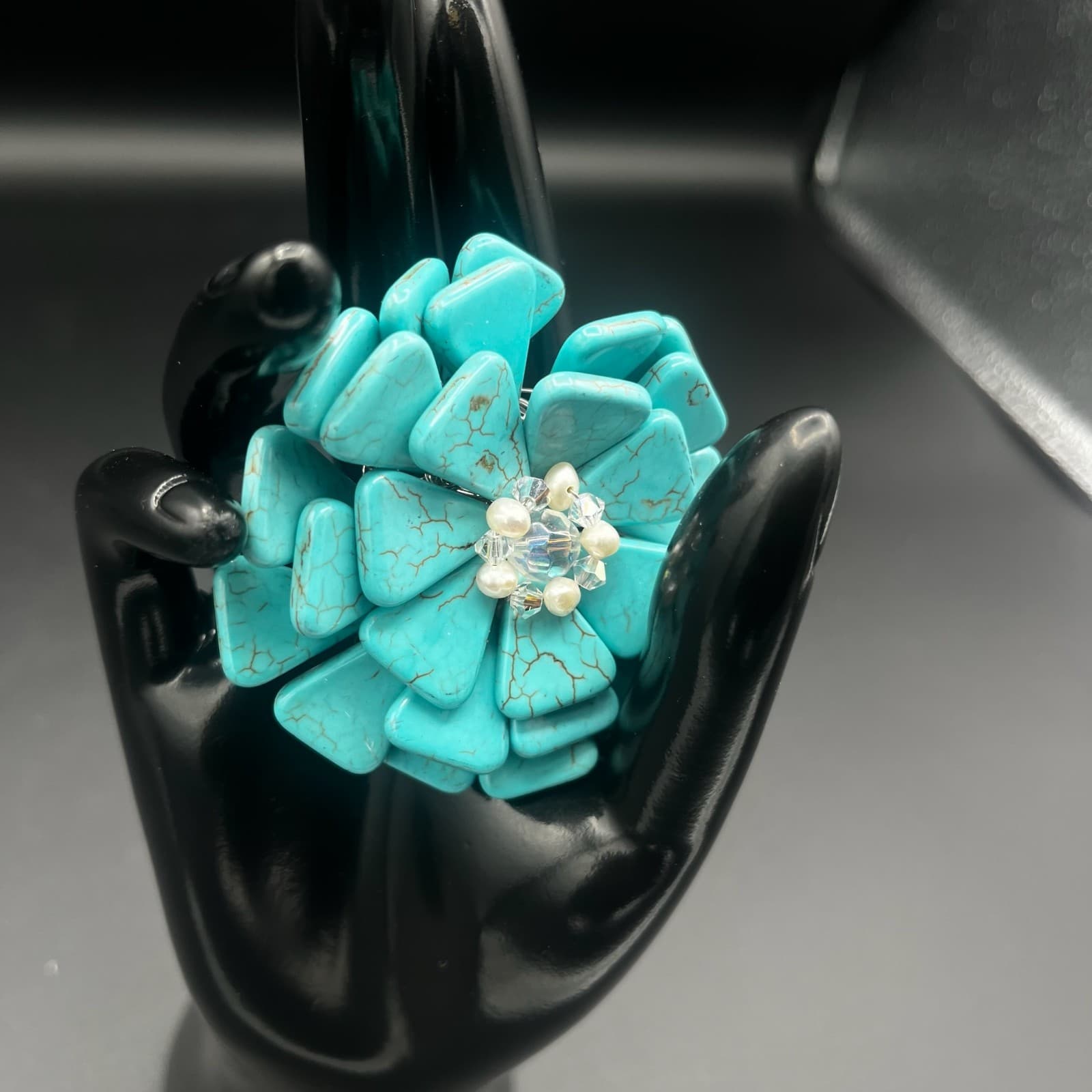 Vintage AeraVida Style Turquoise & Pearl Flower Brooch Pin Exotic Chic - Image 1