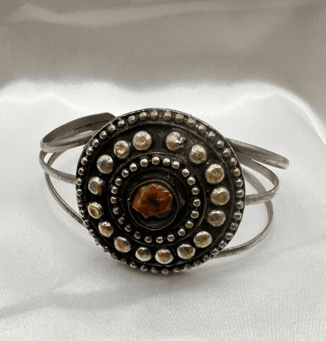 Vintage 90s Cuff Bracelet Silver Tone Brown Glass Statement Boho Fashion Jewelry - Image 1