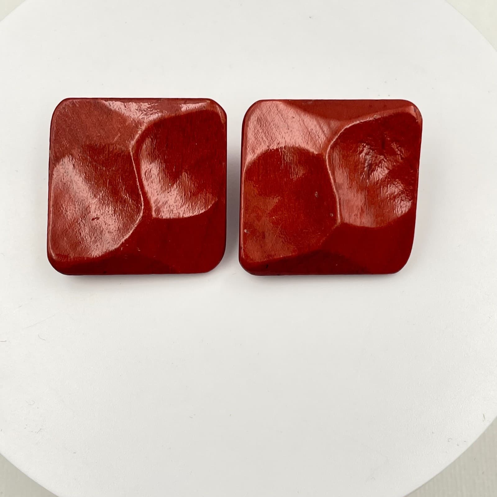 Vintage Y2K Chunky Red Square Wooden Stud Earrings Statement Women's Jewelry - Image 1