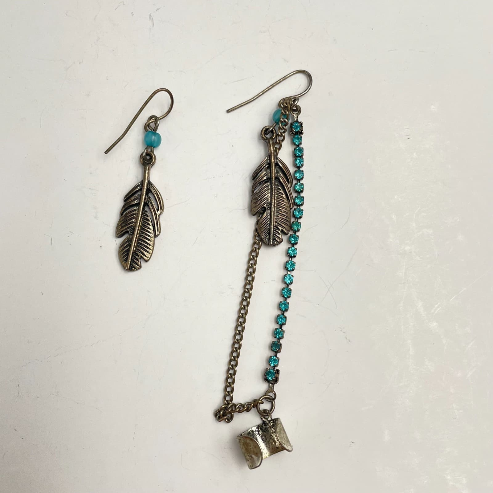 Vintage 90s Feather Mismatched Earrings Teal Glass Rhinestone Ear Cuff Boho - Image 1
