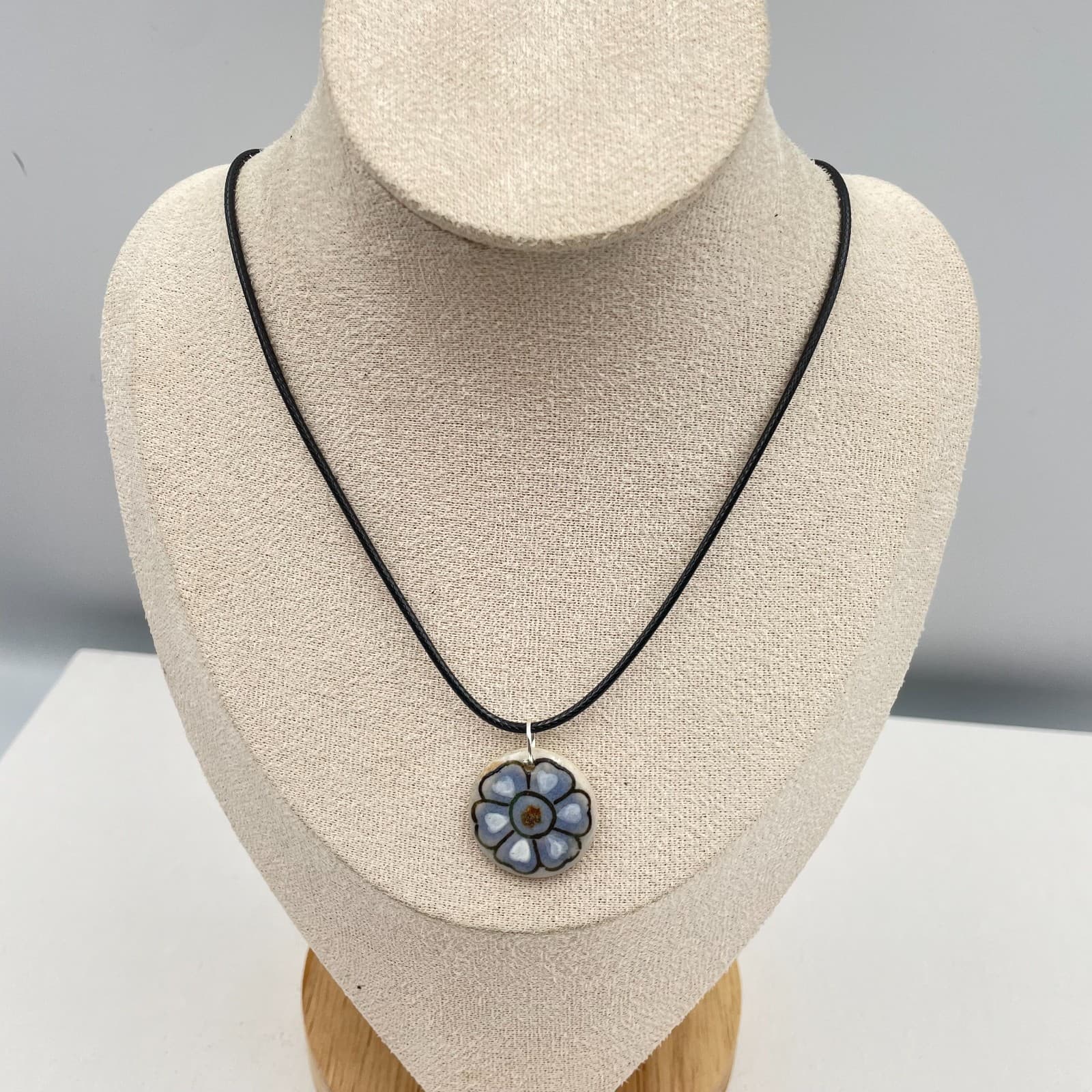 Vintage 90s Blue Floral Pendant Necklace Black Cord Boho Classic Fashion Jewelry - Image 1