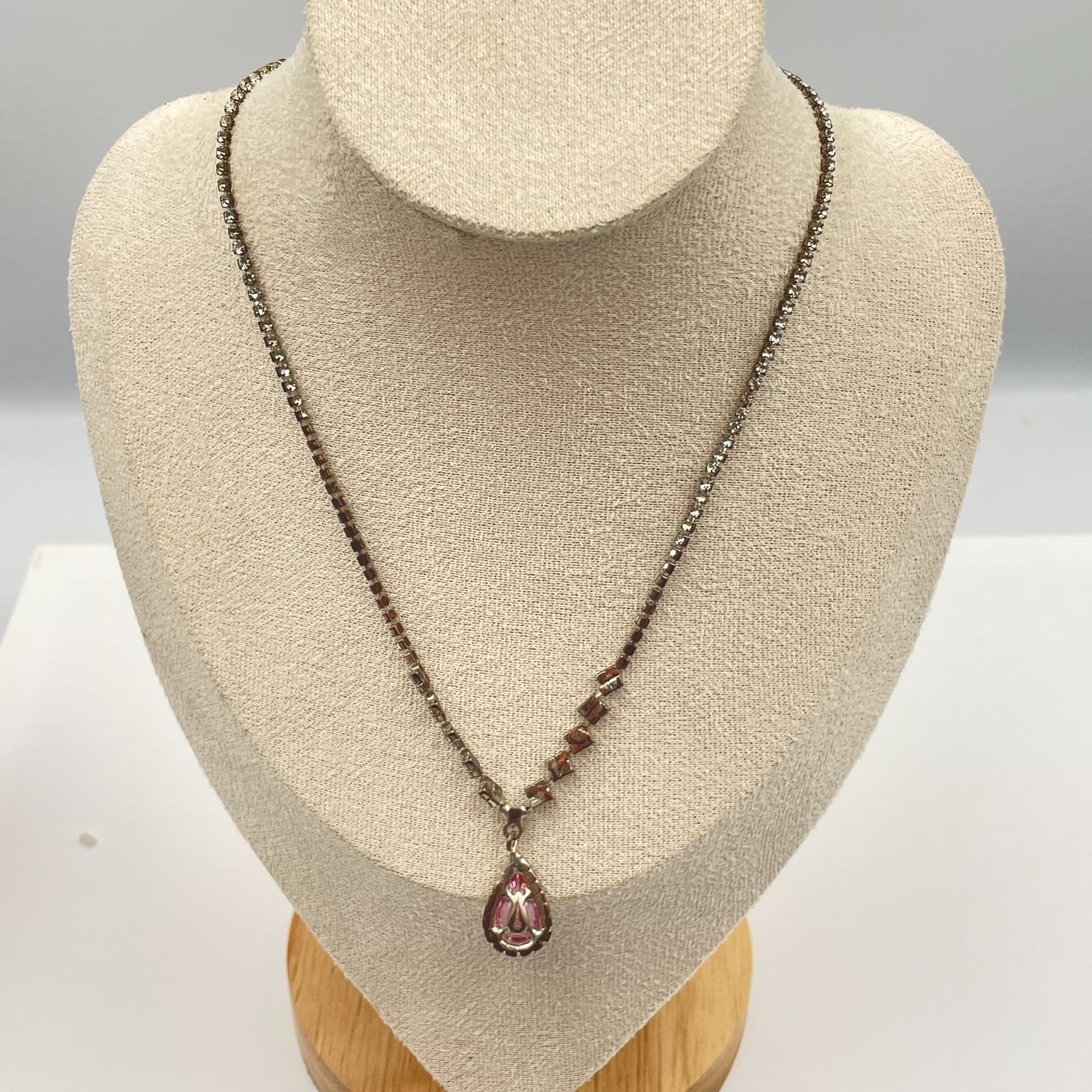 Vintage 90s SilverTone Pink Pear Glass Pendant Necklace Rhinestone Chain Jewelry - Image 1