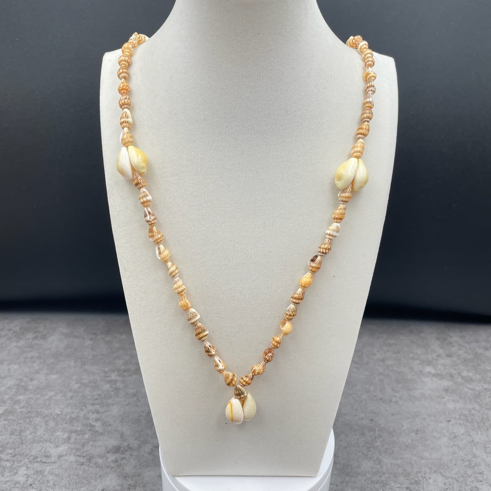 Contemporary White Cord Cerith Cowrie Natural Sea Shell Beaded Pendant Necklace - Image 1