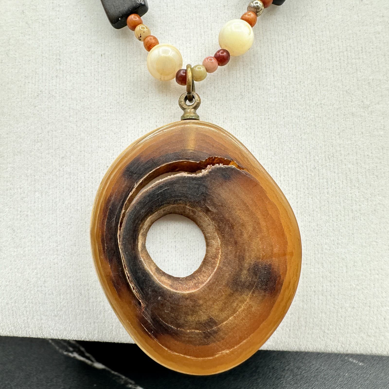 VTG 90s Wooden Statement Necklace Long Dark Brown Orange Organic Pendant - Image 1