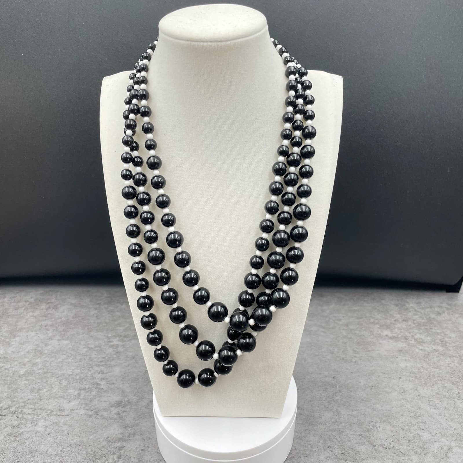 Classic Black White Adjustable Triple-Stranded Beaded Statement Lobster Necklace - Image 1