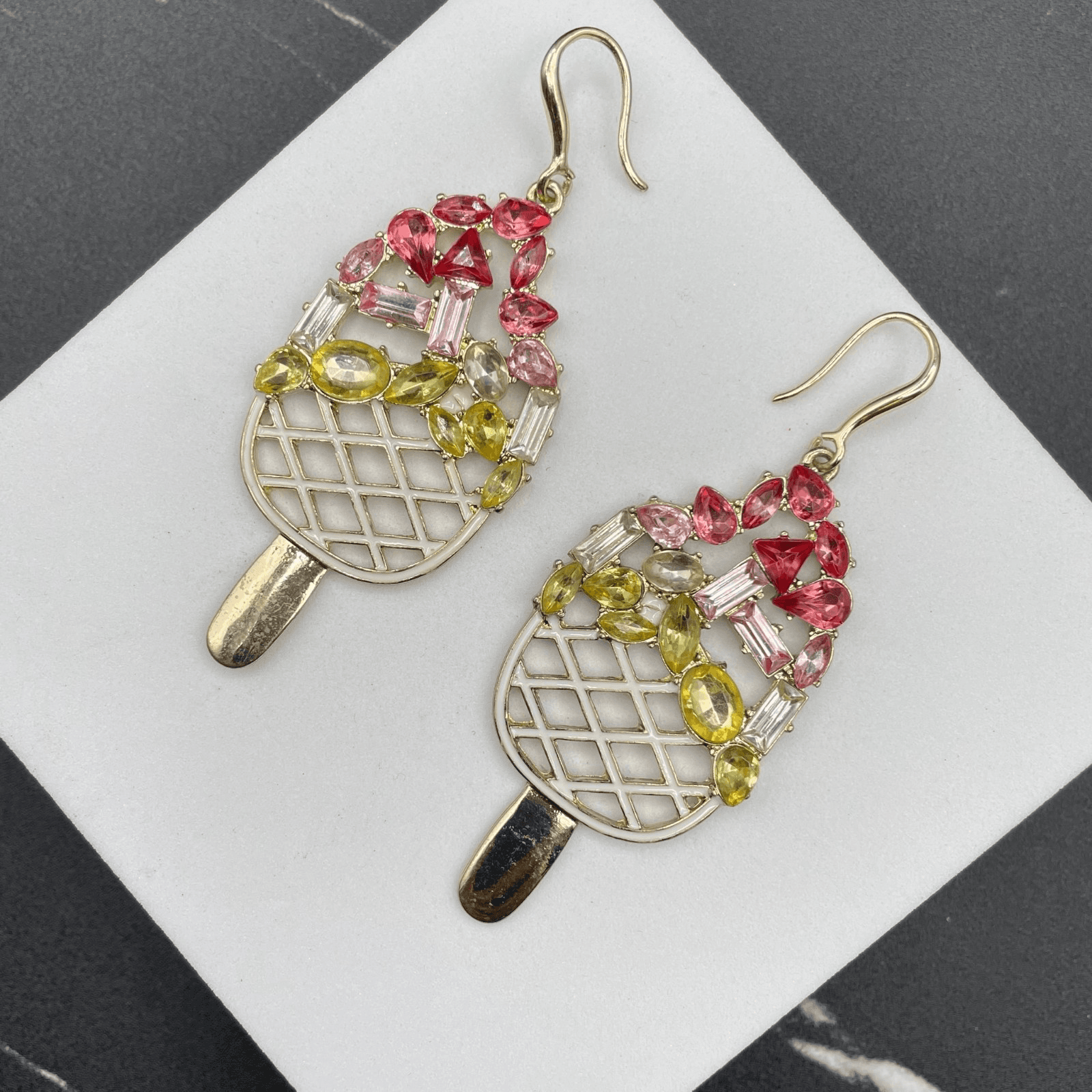 Classic Gold-Tone Faceted Glass Beads Ice Cream Bar Dangle Drop Hook Earrings - Image 1