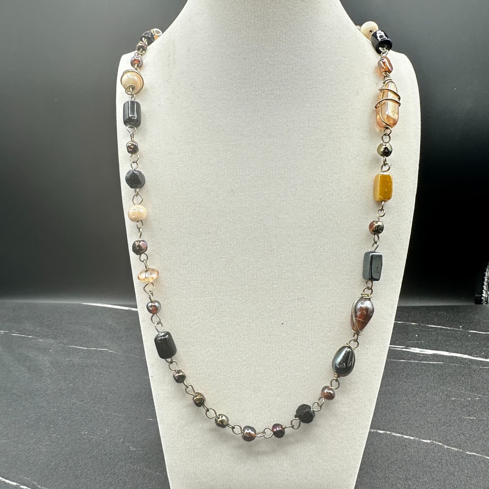 Vintage 90s Wire Wrapped Beaded Necklace Pearl Women's Classic Fashion Jewelry - Image 1