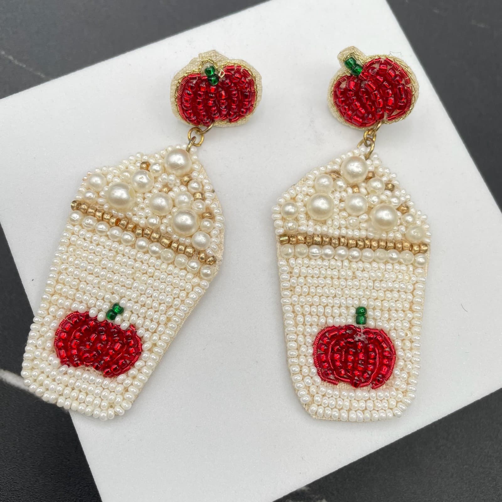 Contemporary White Classic Fashion Pumpkin Spice Latte Beaded Dangle Earrings - Image 1