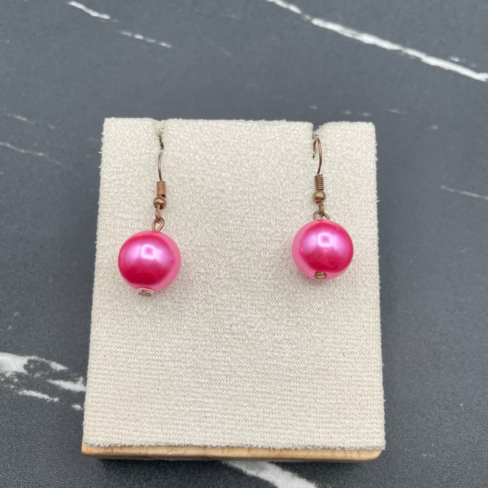 Vintage Bronze-Tone Fuchsia Pink Round Beaded Drop Dangle French Hook Earrings - Image 1