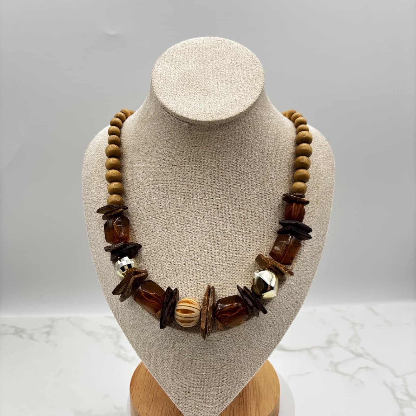 Vintage Chunky Wood Beaded Necklace Brown Amber Tribal Boho Statement - Image 1