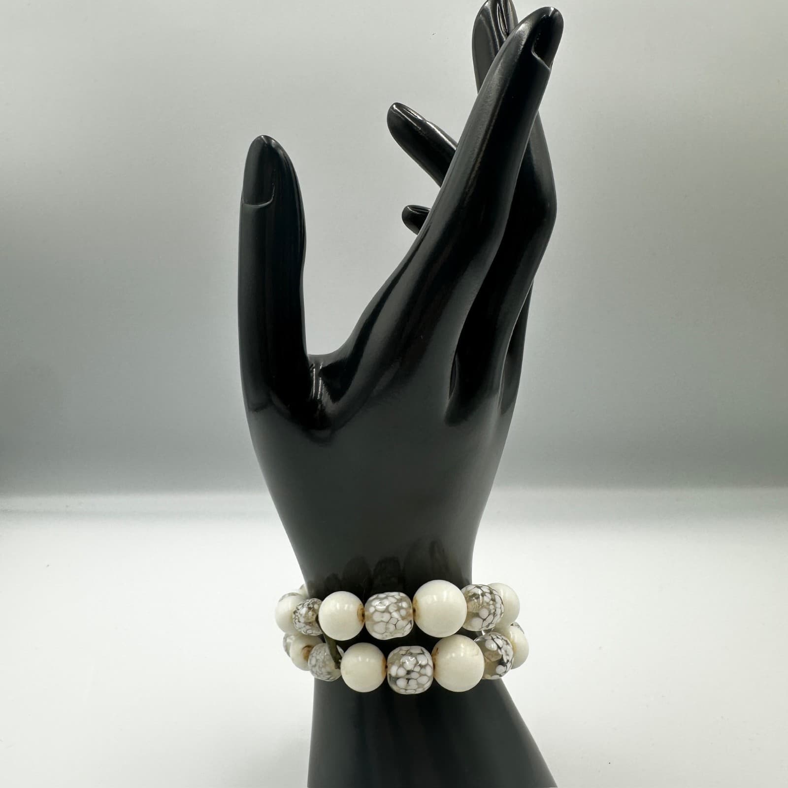 White Beaded Stretch Bracelet Set w/ Mosaic Accent Beads Y2K Chic - Image 1
