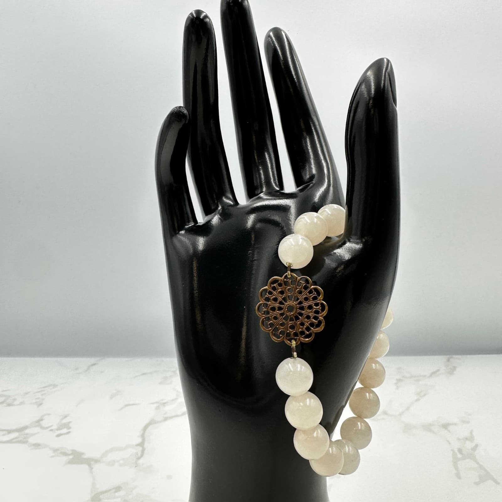 Vintage White Polished Quartz Beaded Stretch Floral Filigree Charm Pendant - Image 1