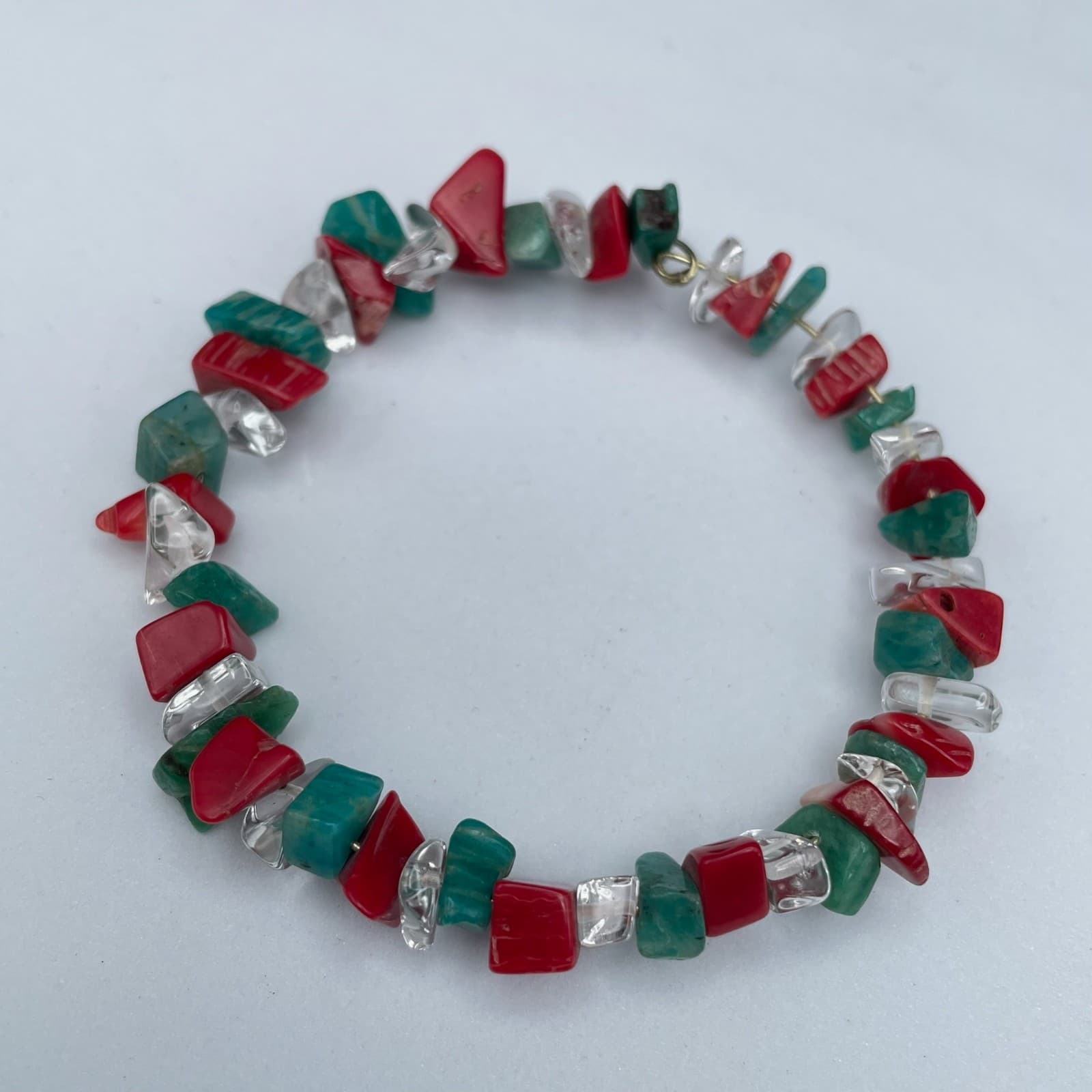 Vintage Natural Red Coral Turquoise Clear Quartz Chip Stretch Bracelet Jewelry - Image 1