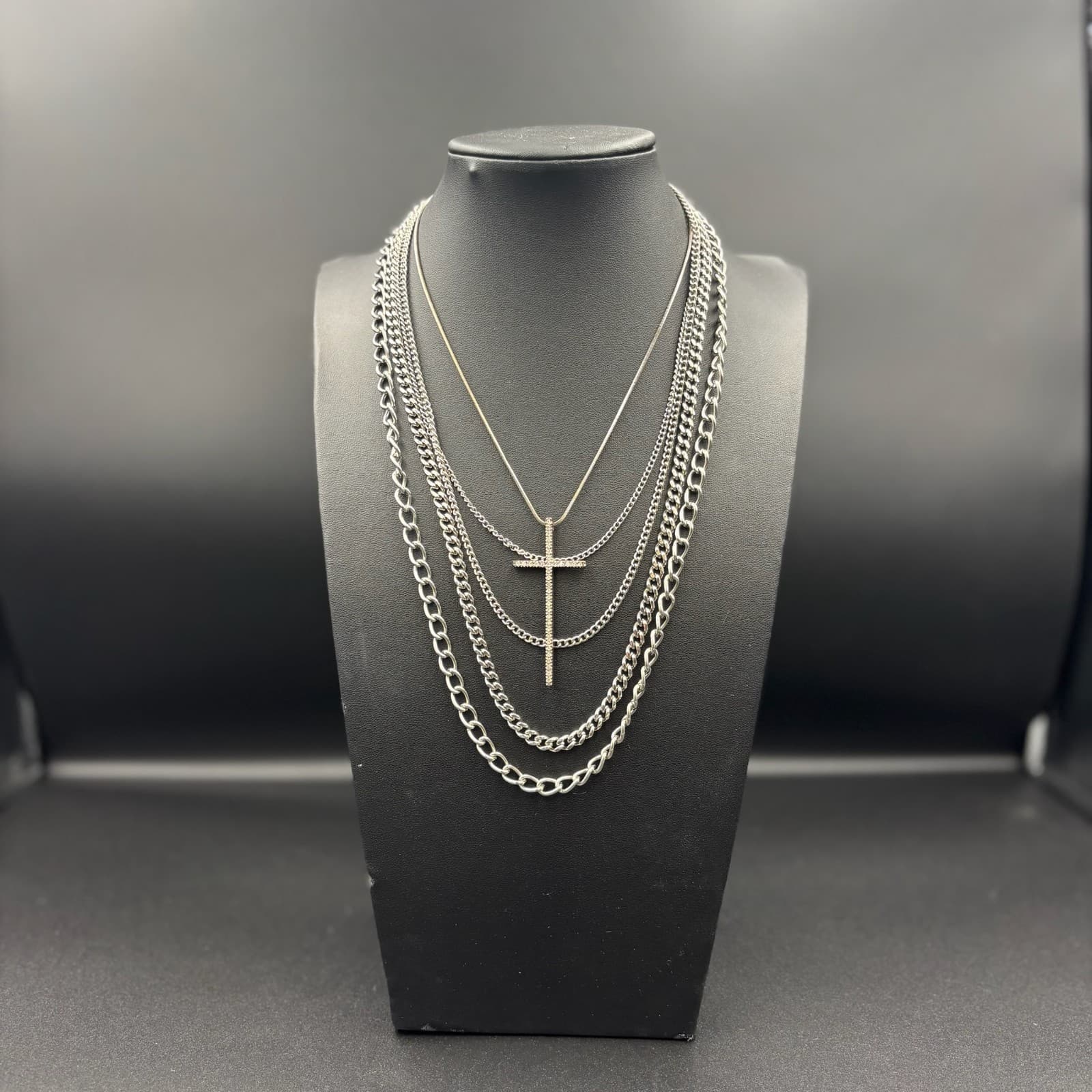 Vintage Rhinestone Encrusted Cross Charm Pendant Layered Chain Necklace Set - Image 1