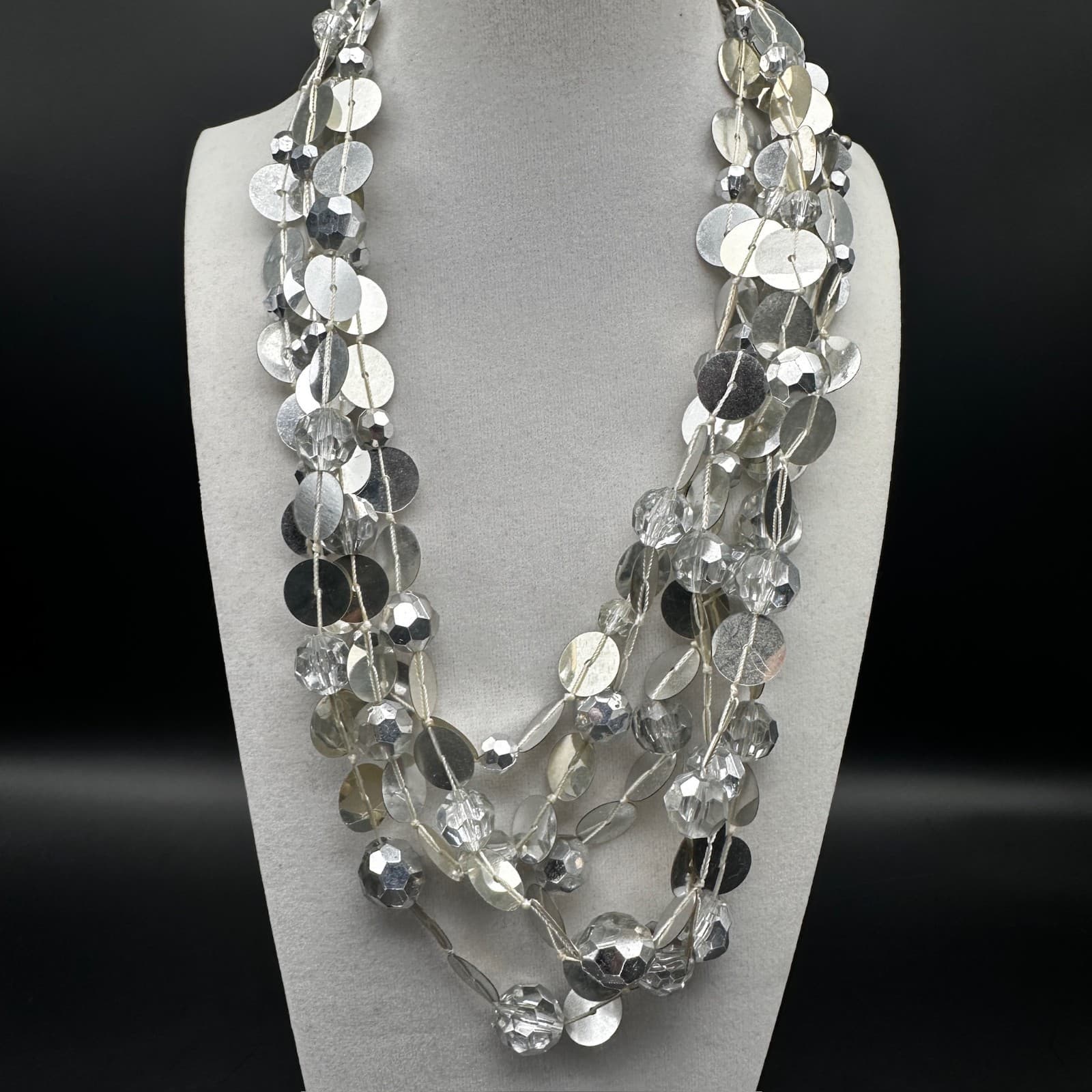 Vintage Multi Strand Necklace Silver Tone Disc Sequin Clear Bead Chunky Jewelry - Image 1