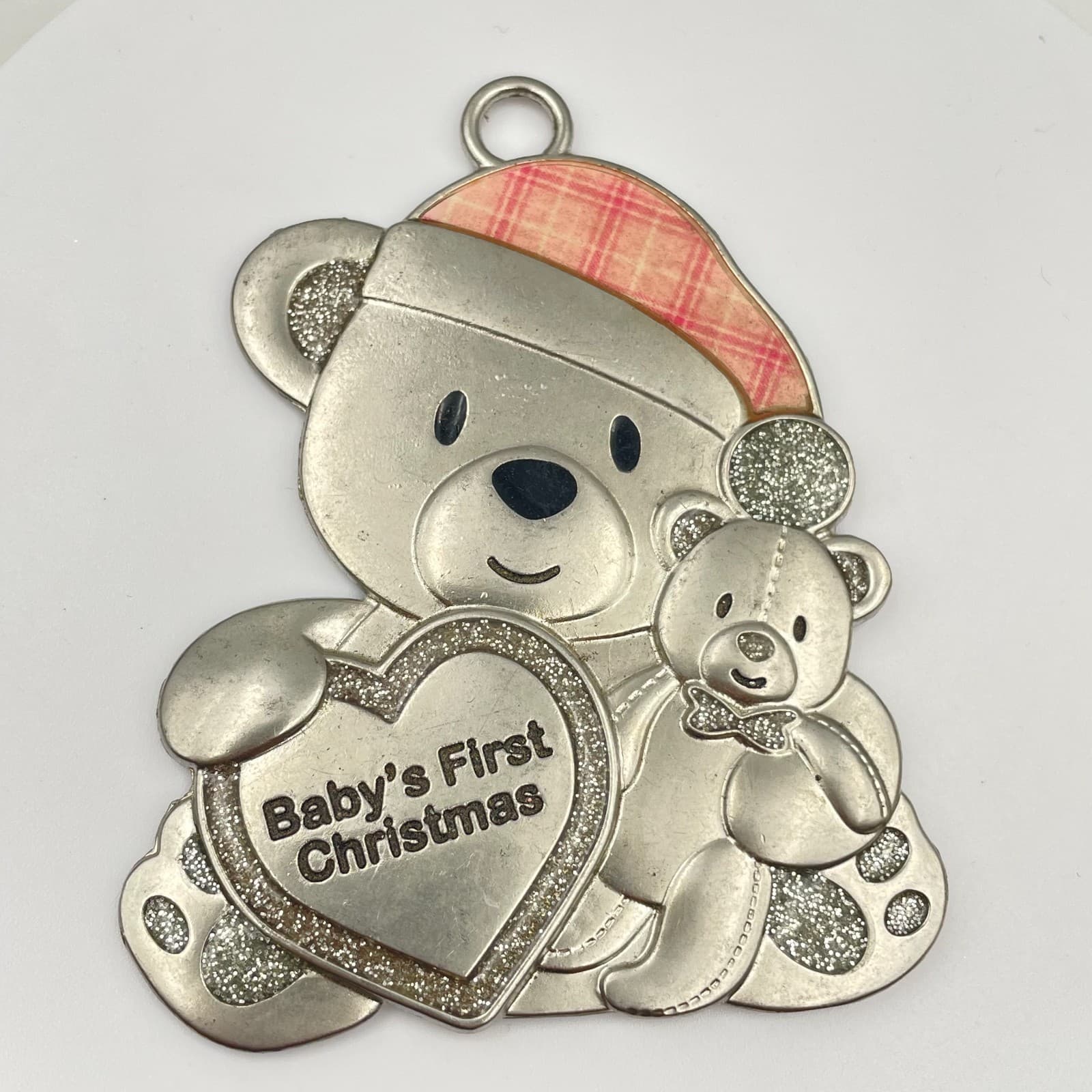 Vintage 90s Silver Tone Baby's First Christmas Pendant Teddy Bear Heart Glitter - Image 1