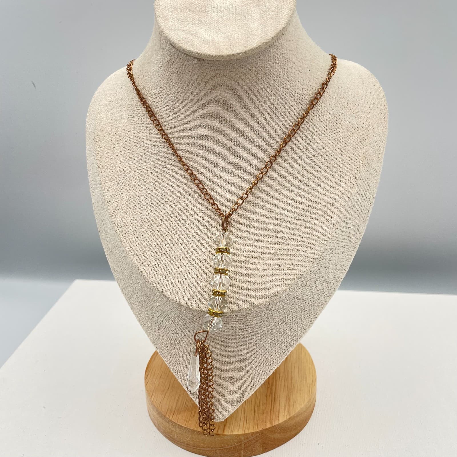 Vintage 90s Y2K Bronze Tone Glass Bead Tassel Pendant Necklace Boho Jewelry - Image 1