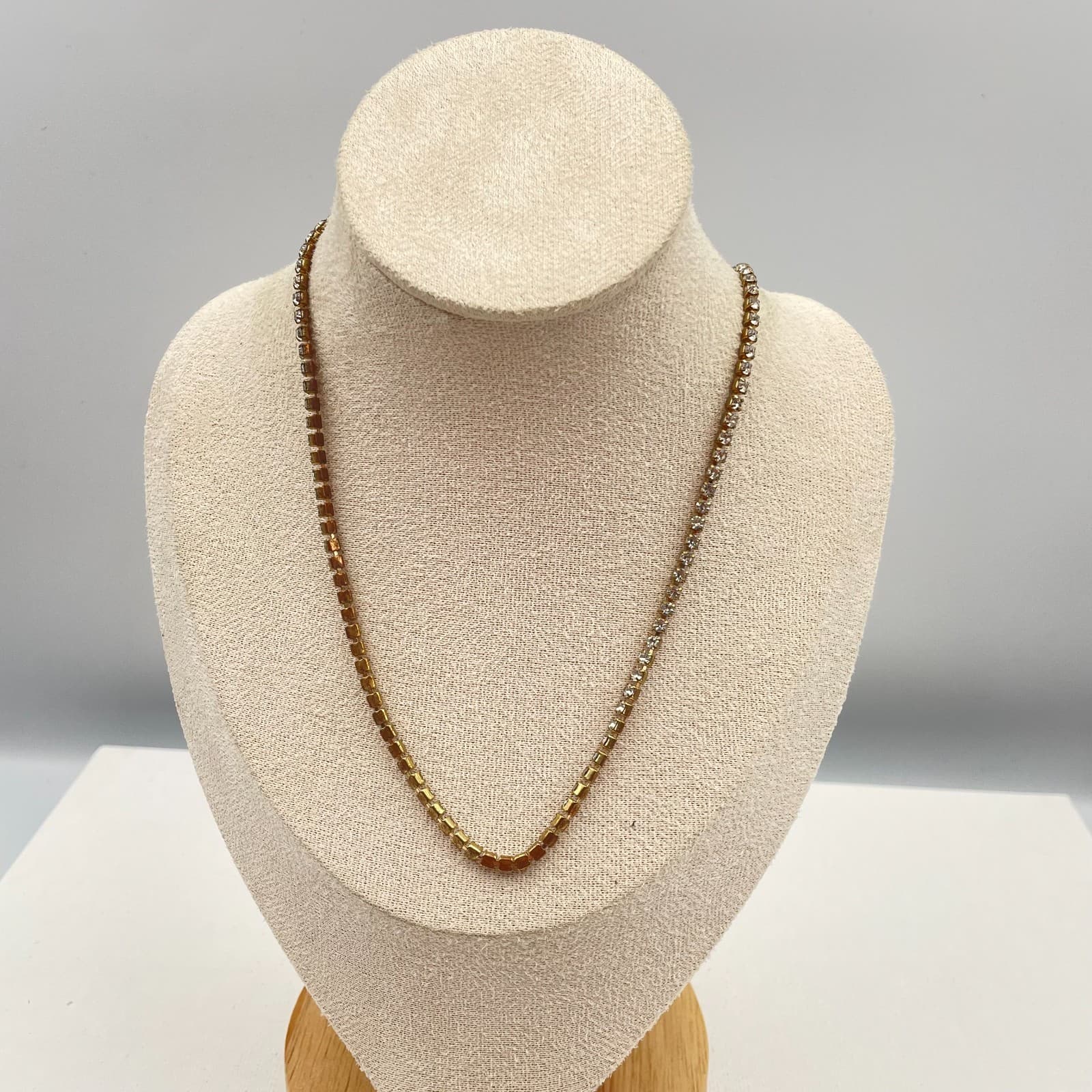 Vintage 90s Sugarfix Gold Tone Clear Glass Tennis Necklace Minimalist Modern - Image 1