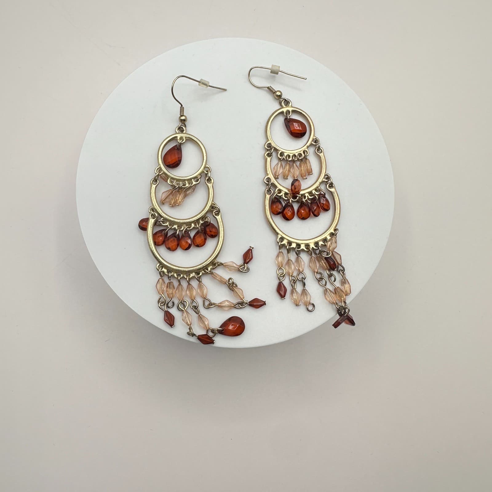 Vintage 80s Women Earrings Chandelier Tiered Glass Bead Amber Gold Tone Fashion - Image 1