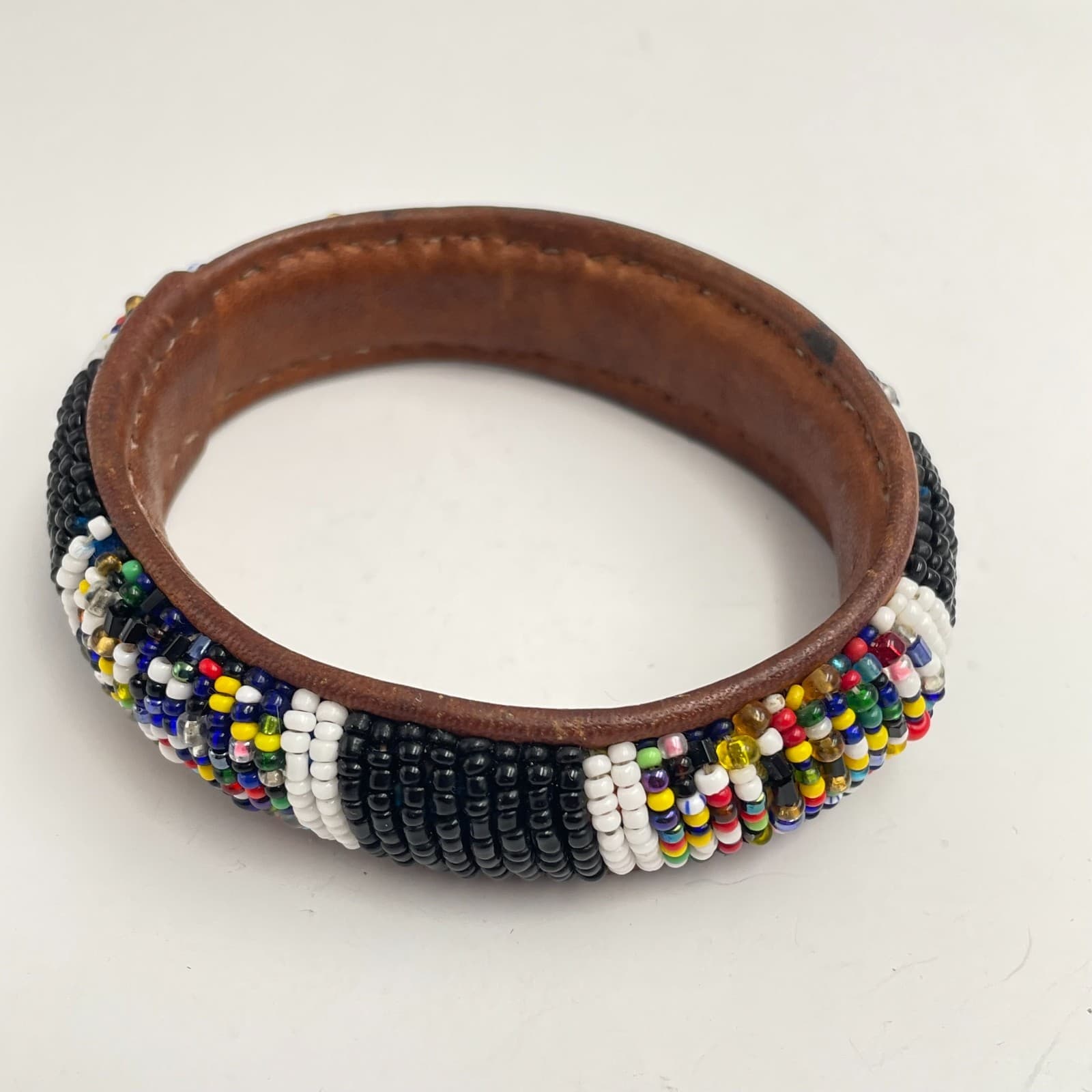 Vintage 90s Glass Bead Leather Bangle Bracelet Boho Tribal Fashion Jewelry - Image 1