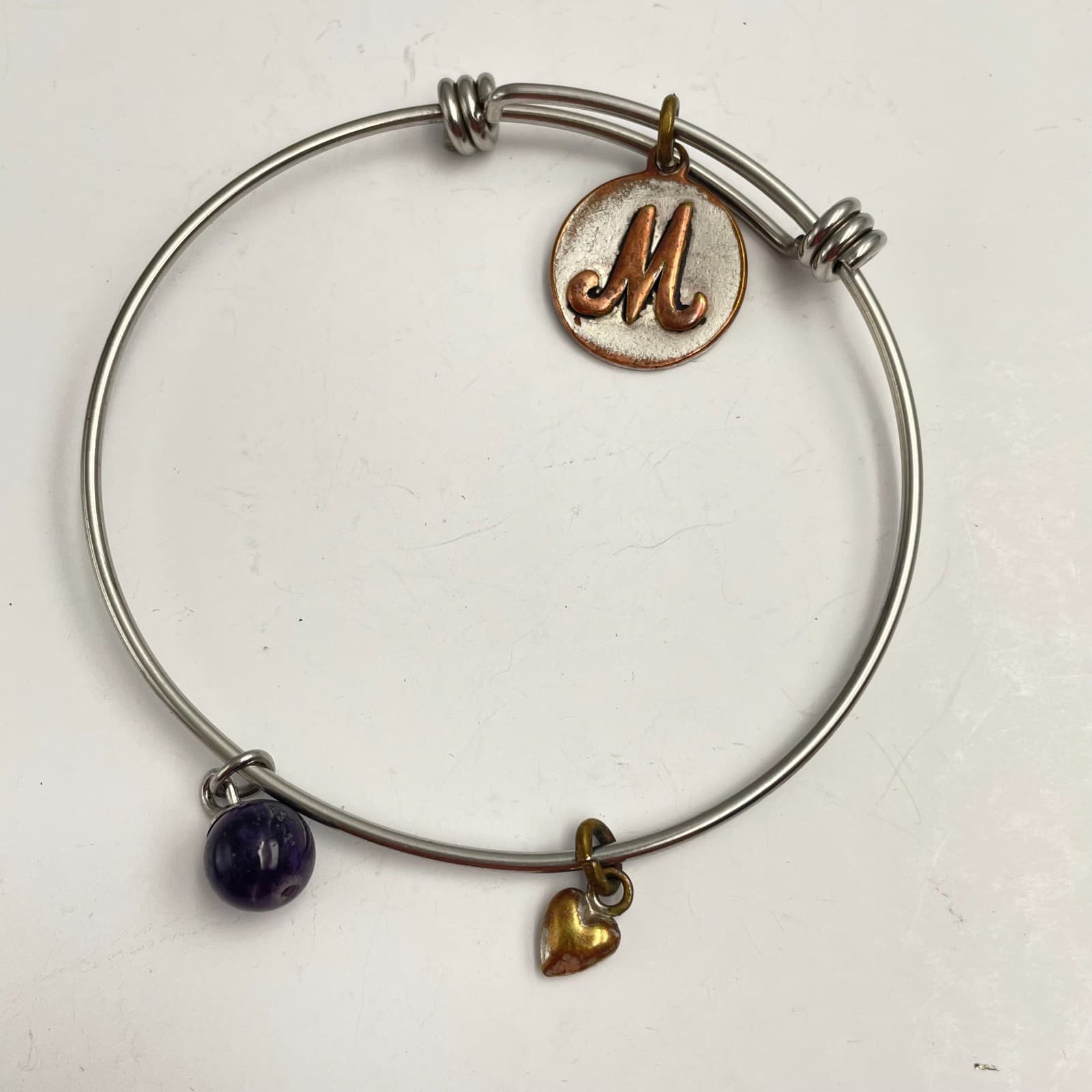 Vintage 90s Silver Tone Expandable Initial M Purple Bead Heart Charm Bracelet - Image 1