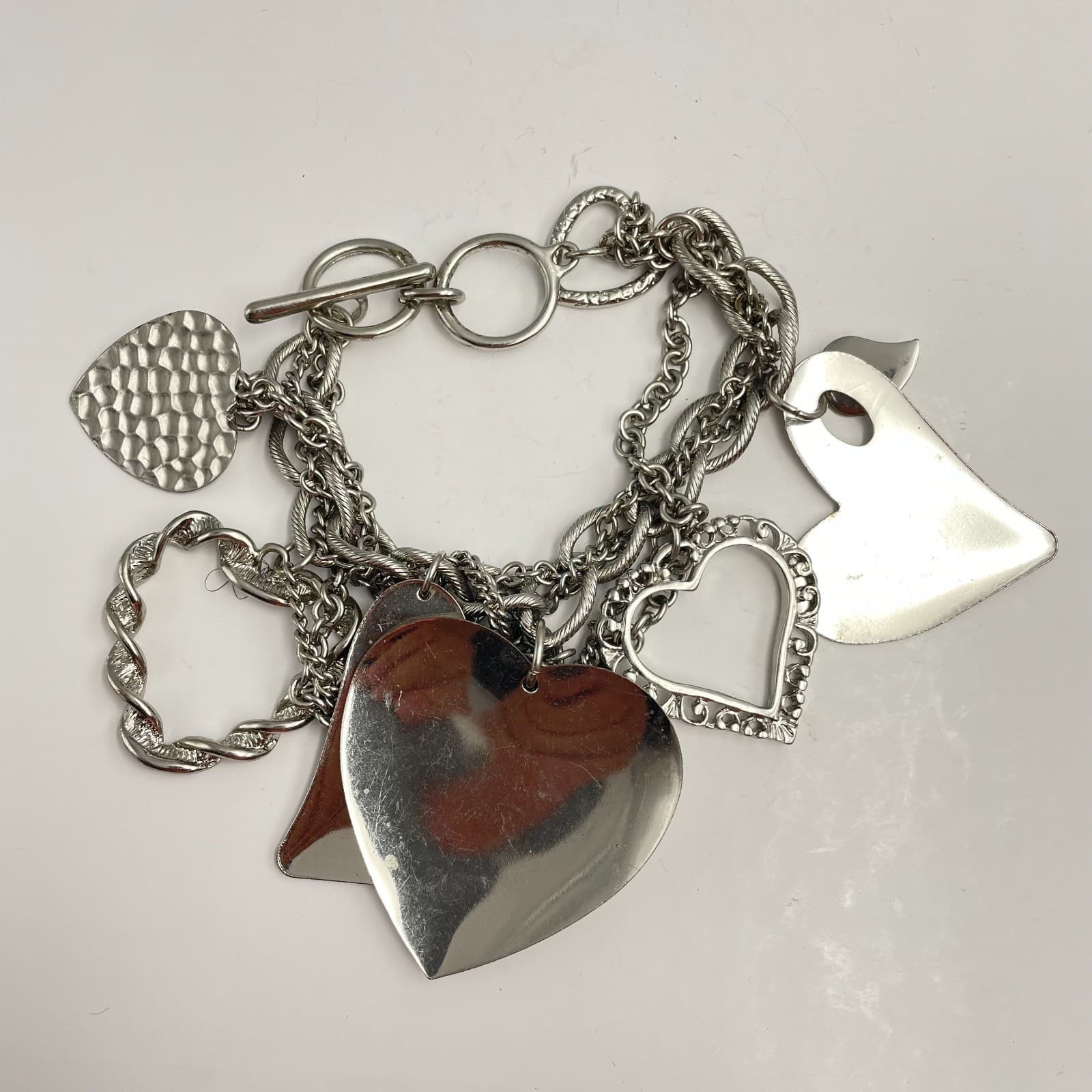 Vintage Y2K Silver Tone Multi Strand Heart Charm Bracelet Chunky Boho Jewelry - Image 1