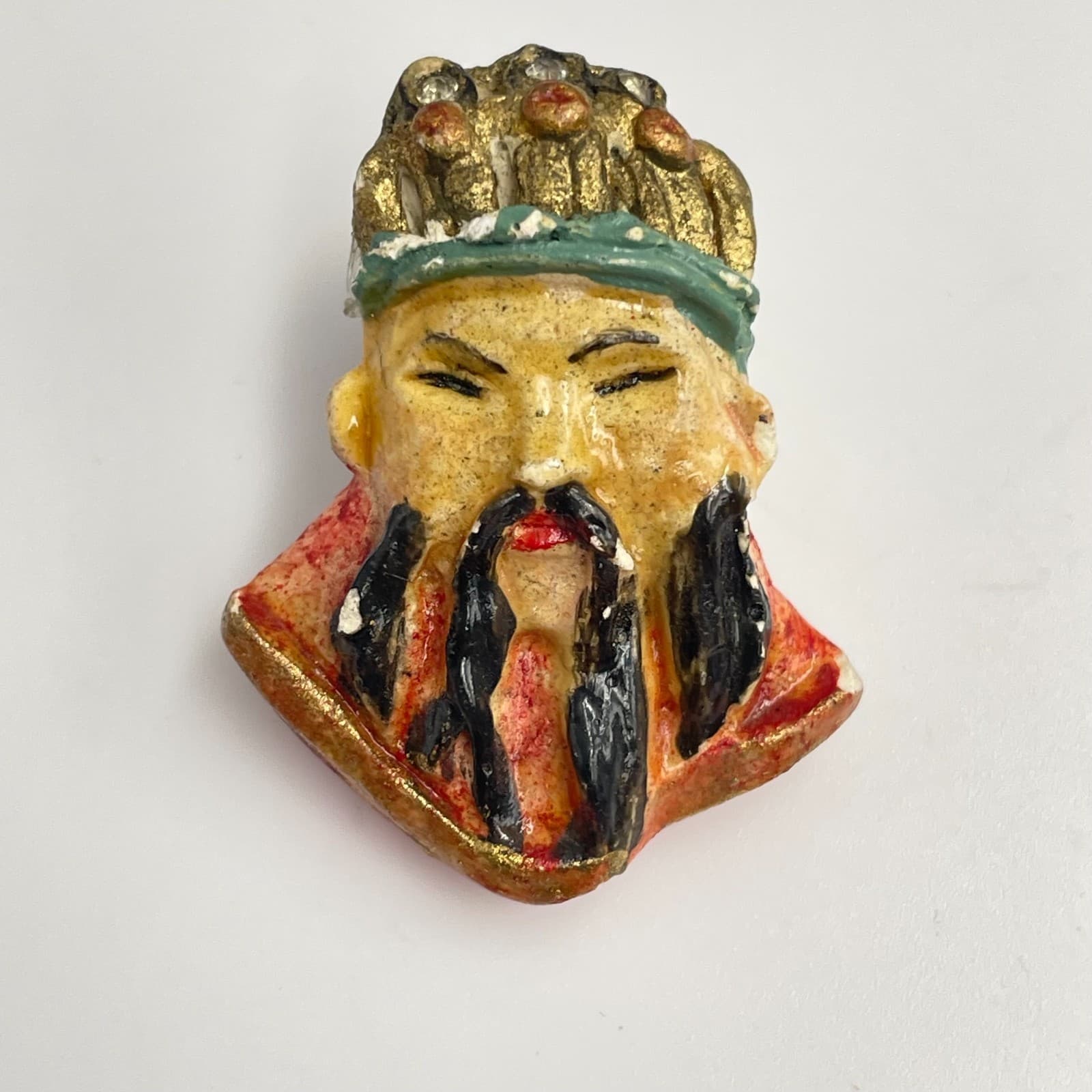 Vintage 90s Asian Wise Man Brooch Pin Hand Painted Rhinestone Gold Tone Boho - Image 1
