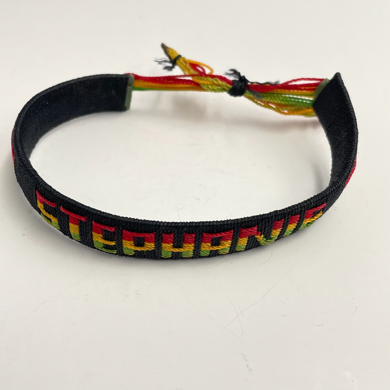 Vintage 90s Stephanie Name Bracelet Woven Fabric Rasta Colors Fashion Jewelry - Image 1