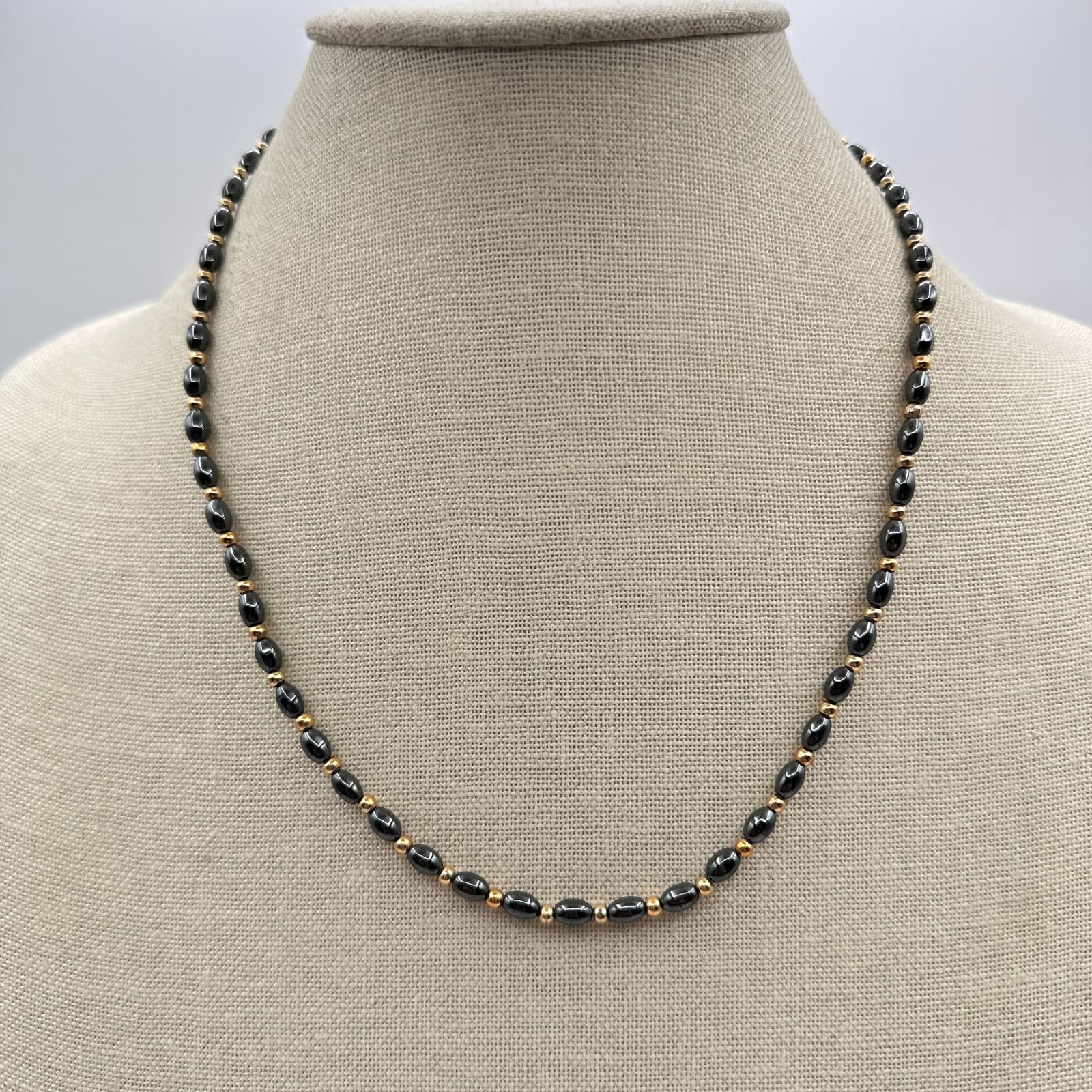 Vintage 90s Hematite Glass Bead Necklace Gold Tone Spacer Minimalist Jewelry - Image 1