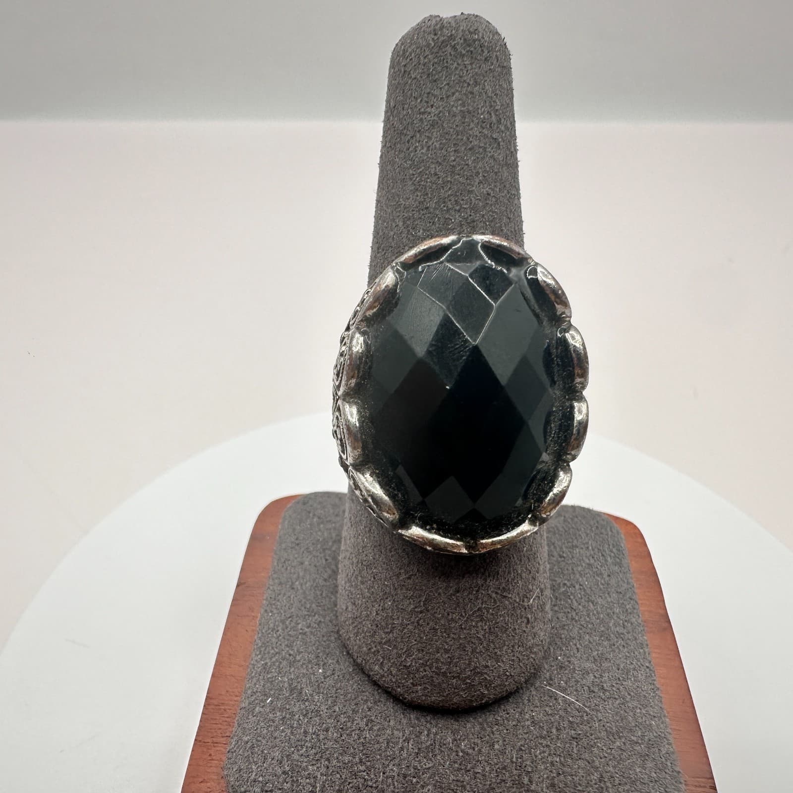 Vintage 80s Silver Tone Black Onyx Statement Ring Oval Faceted Gemstone Jewelry - Image 1