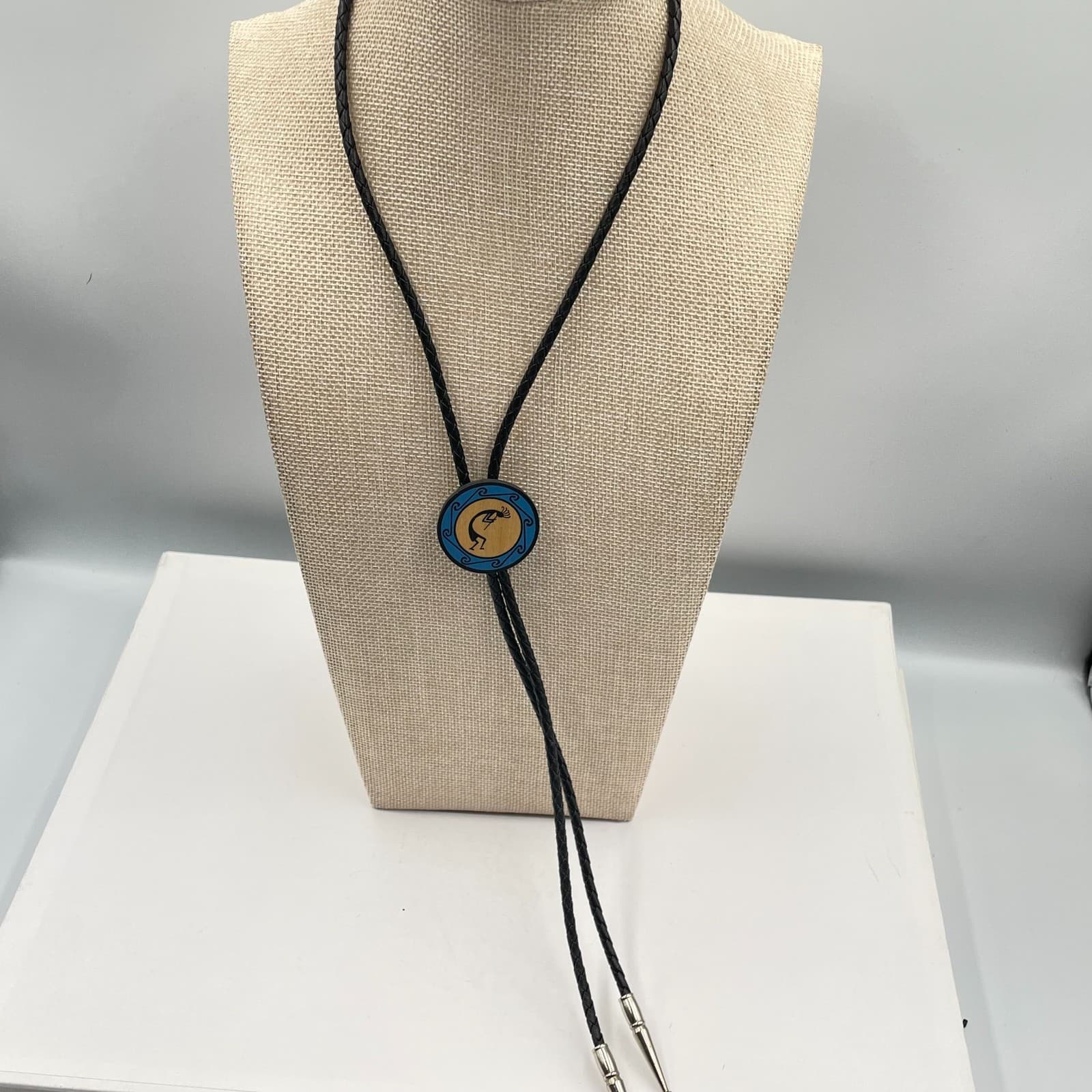 Kokopelli Bolo Tie Southwestern Wood Inlay Pendant Braided Leather Cord Western - Image 1