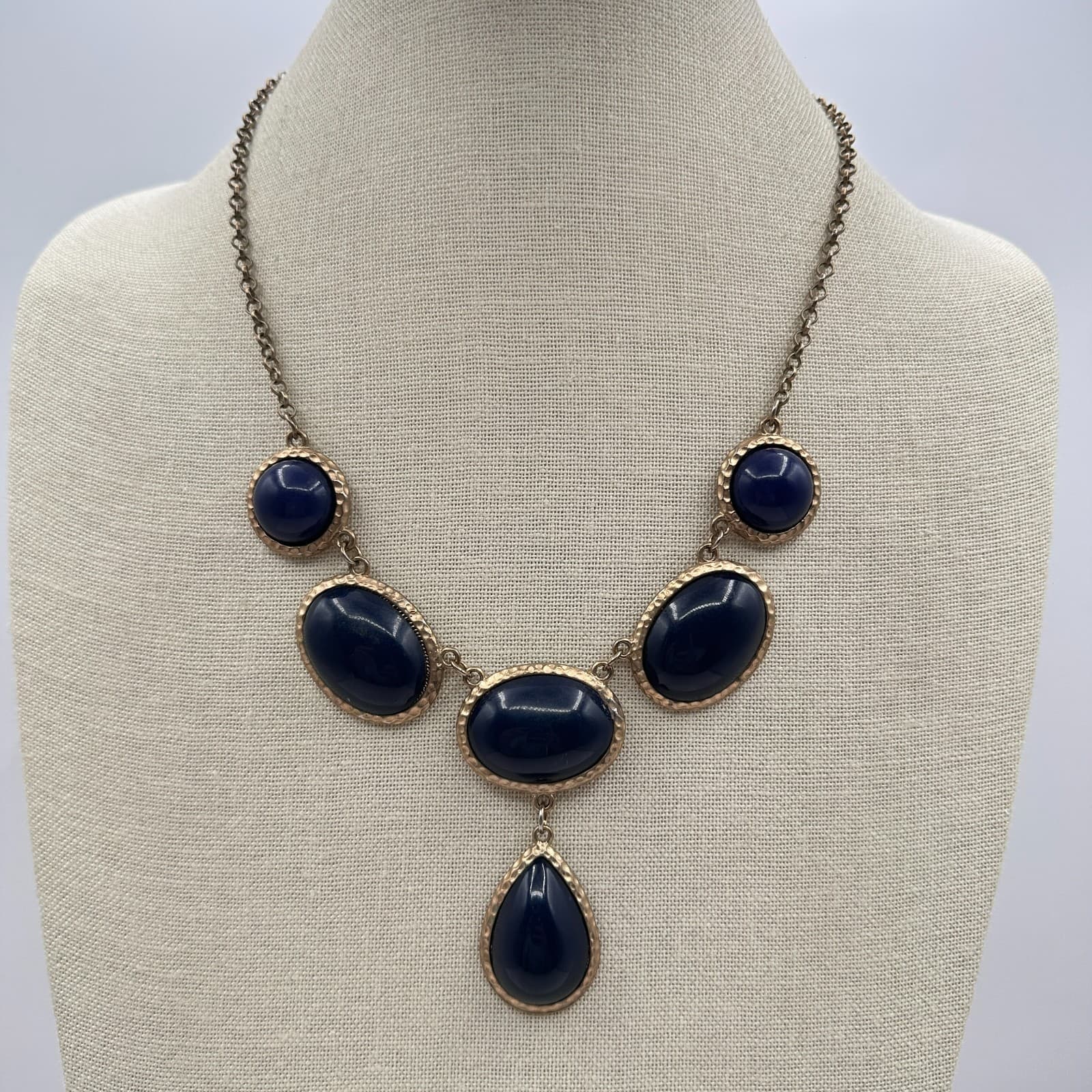 Vintage Y2K Gold Tone Navy Blue Bib Pendent Necklace Statement Women's Jewelry - Image 1