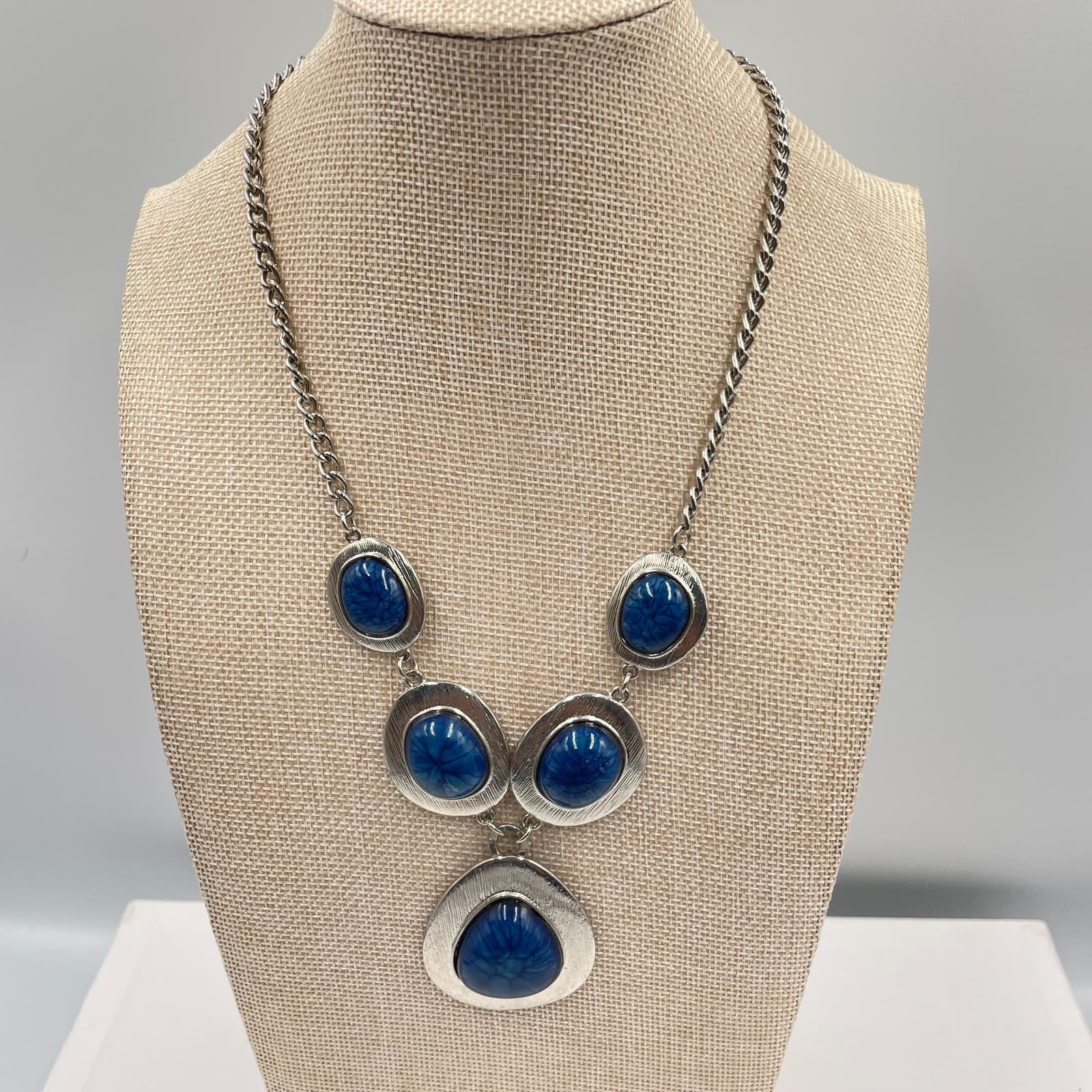 Vintage Boho Statement Necklace Silver Tone Marbled Blue Stone Bib Drop Pendant - Image 1