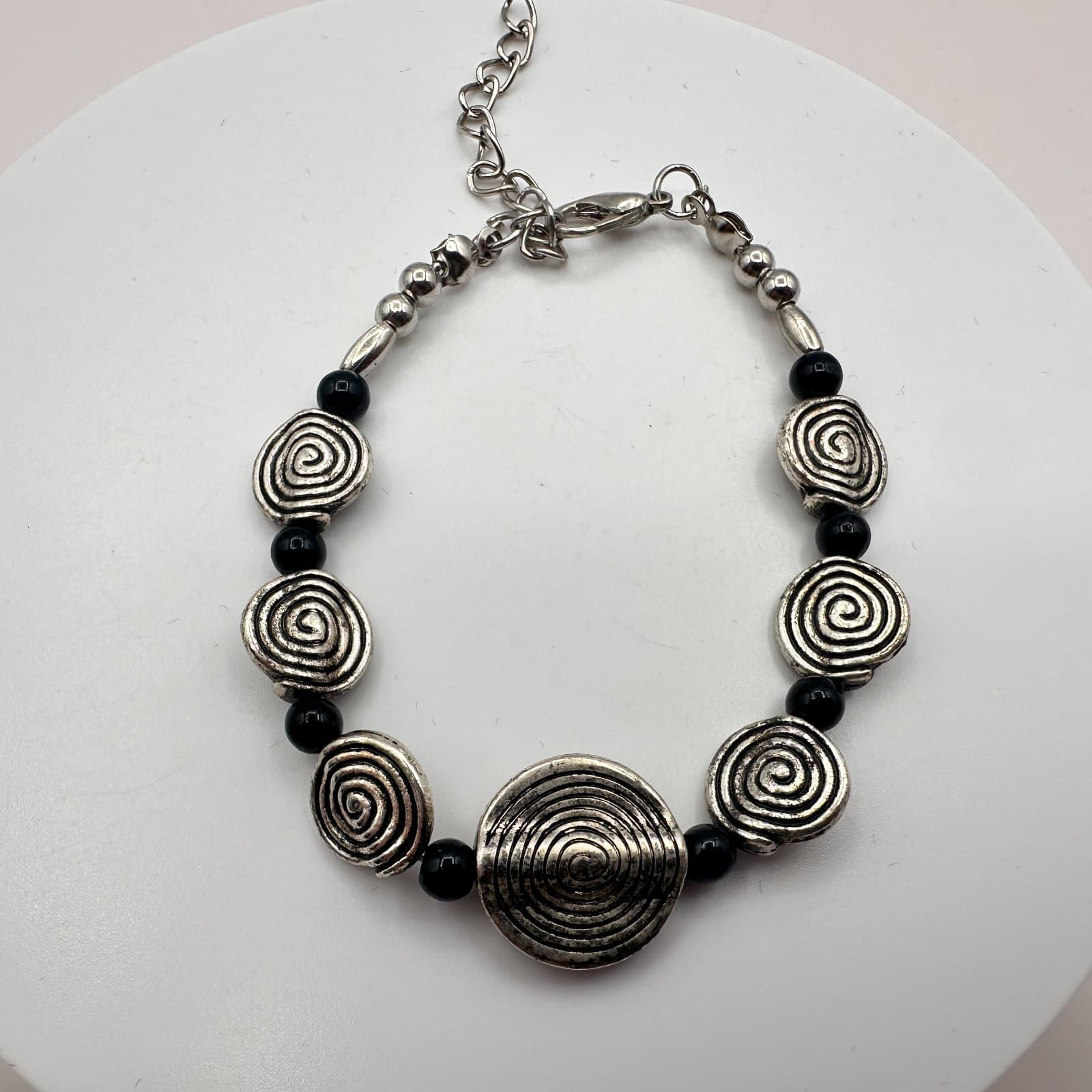 Vintage 90s Silver Tone Spiral Disc Bracelet's Black Bead Boho Women's Jewelry - Image 1